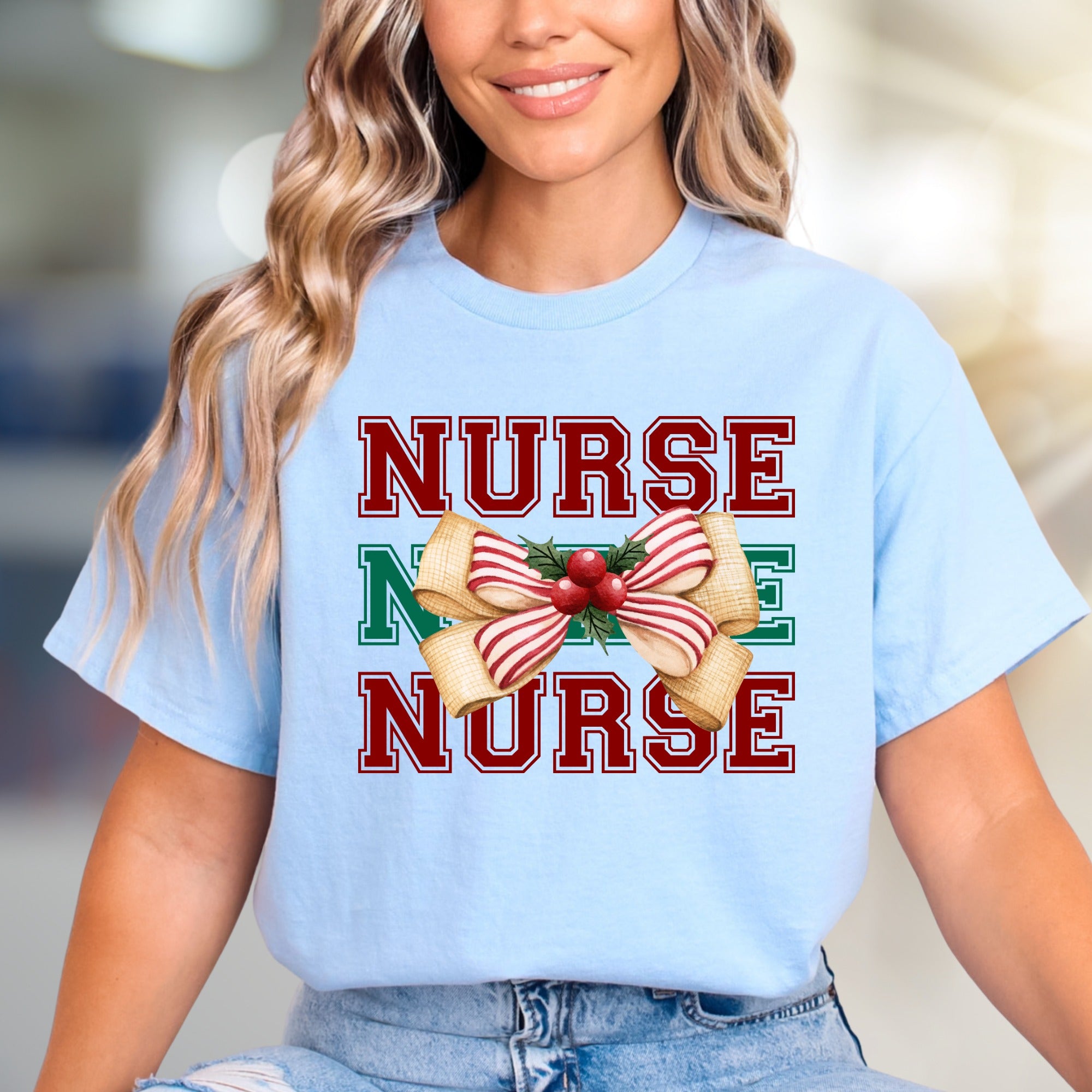 "Nurse" Holiday Bow Graphic Tee, a Festive Appreciation for Caregivers
