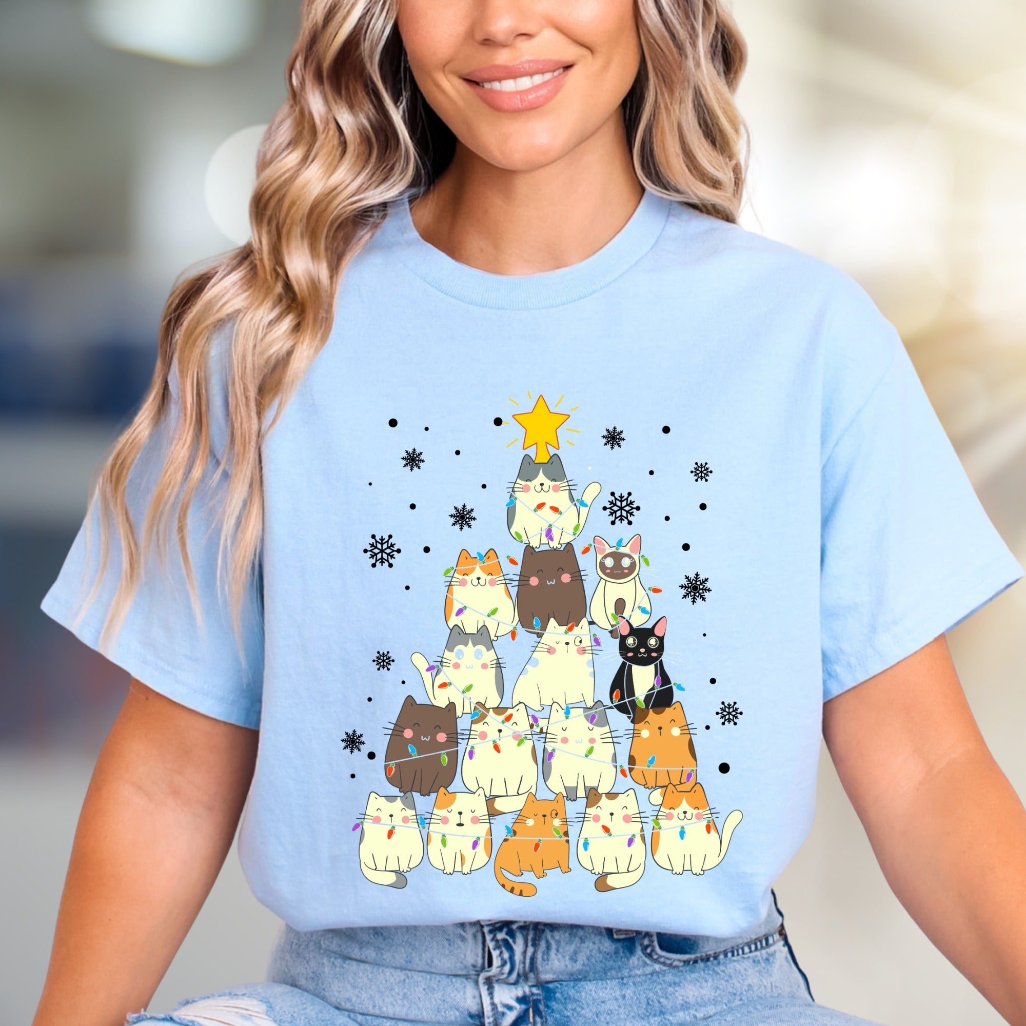 Charming Cat Christmas Tree Graphic Tee, A Cozy Holiday Pick for Pet Lovers
