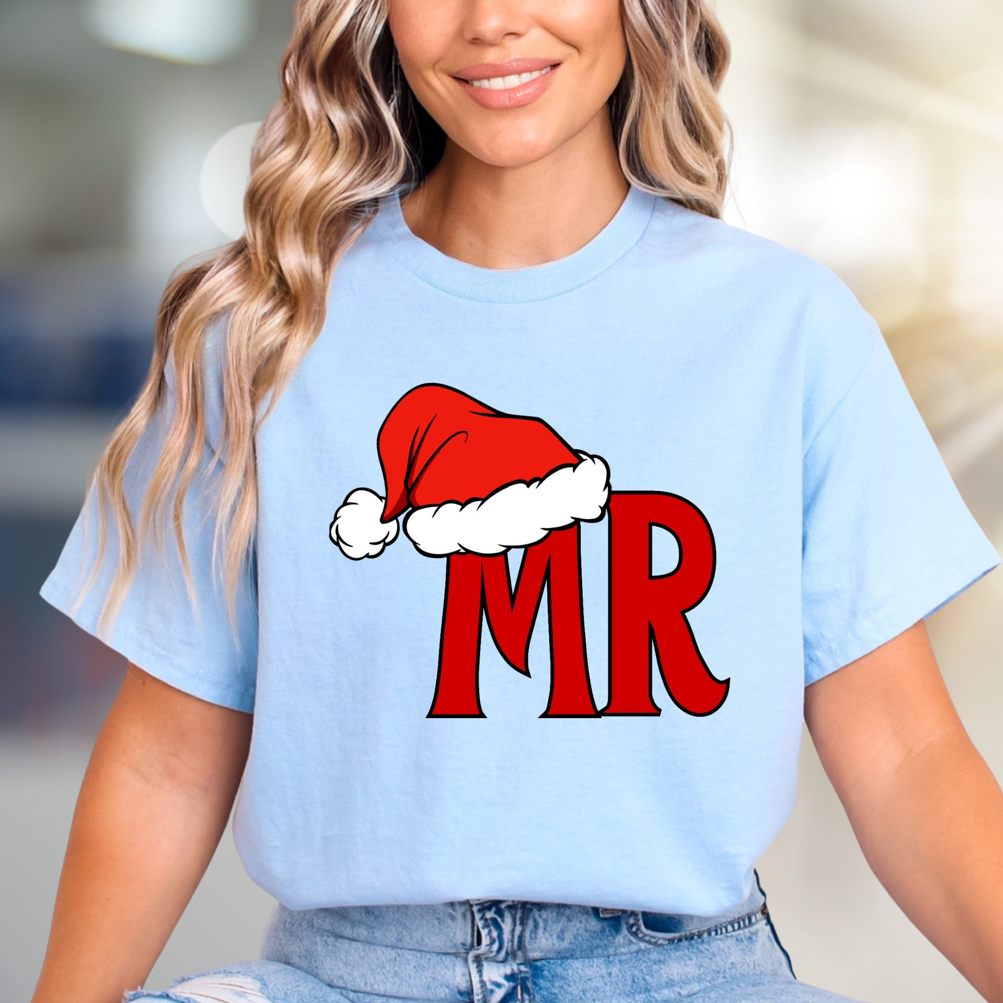 "MR" Santa Hat Graphic Tee, a Festive Couple's Pick for Holiday Lovers