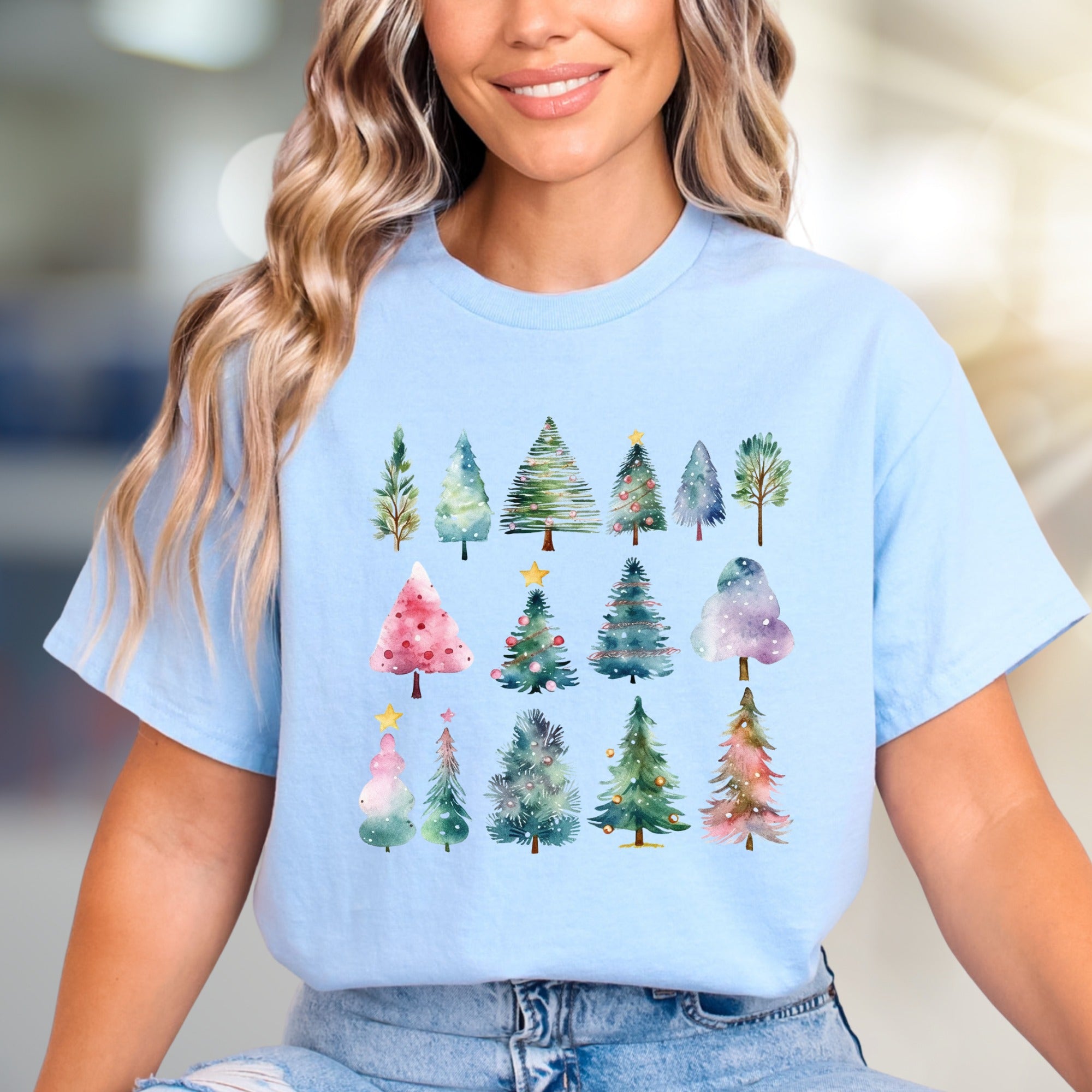 Winter Forest Watercolor Trees Graphic Tee, A Festive Casual Pick for Holiday Lovers