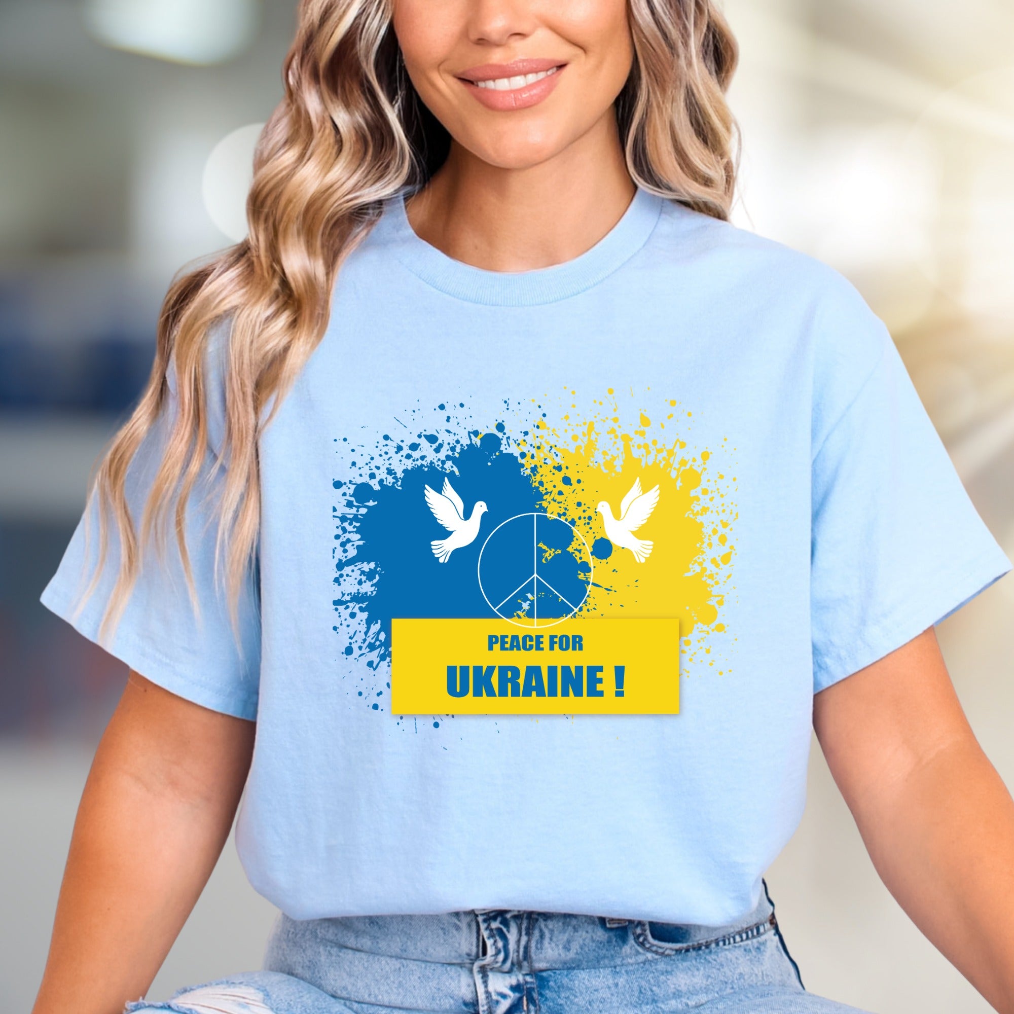 "Peace for Ukraine!" Splatter Peace Tee, a Statement Piece for Advocates