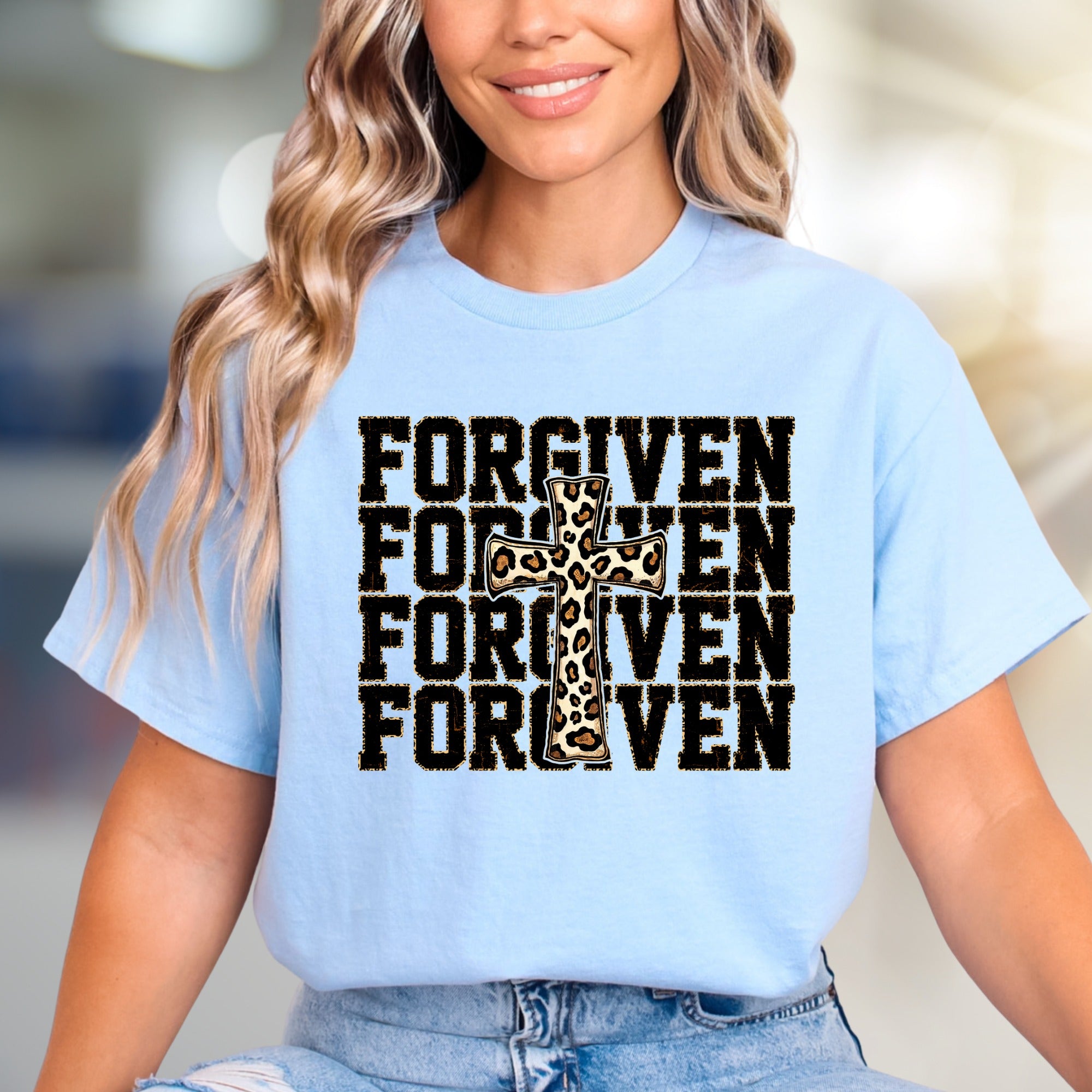 "FORGIVEN" Leopard Cross Graphic Tee, a Faith-Inspired Statement for Believers