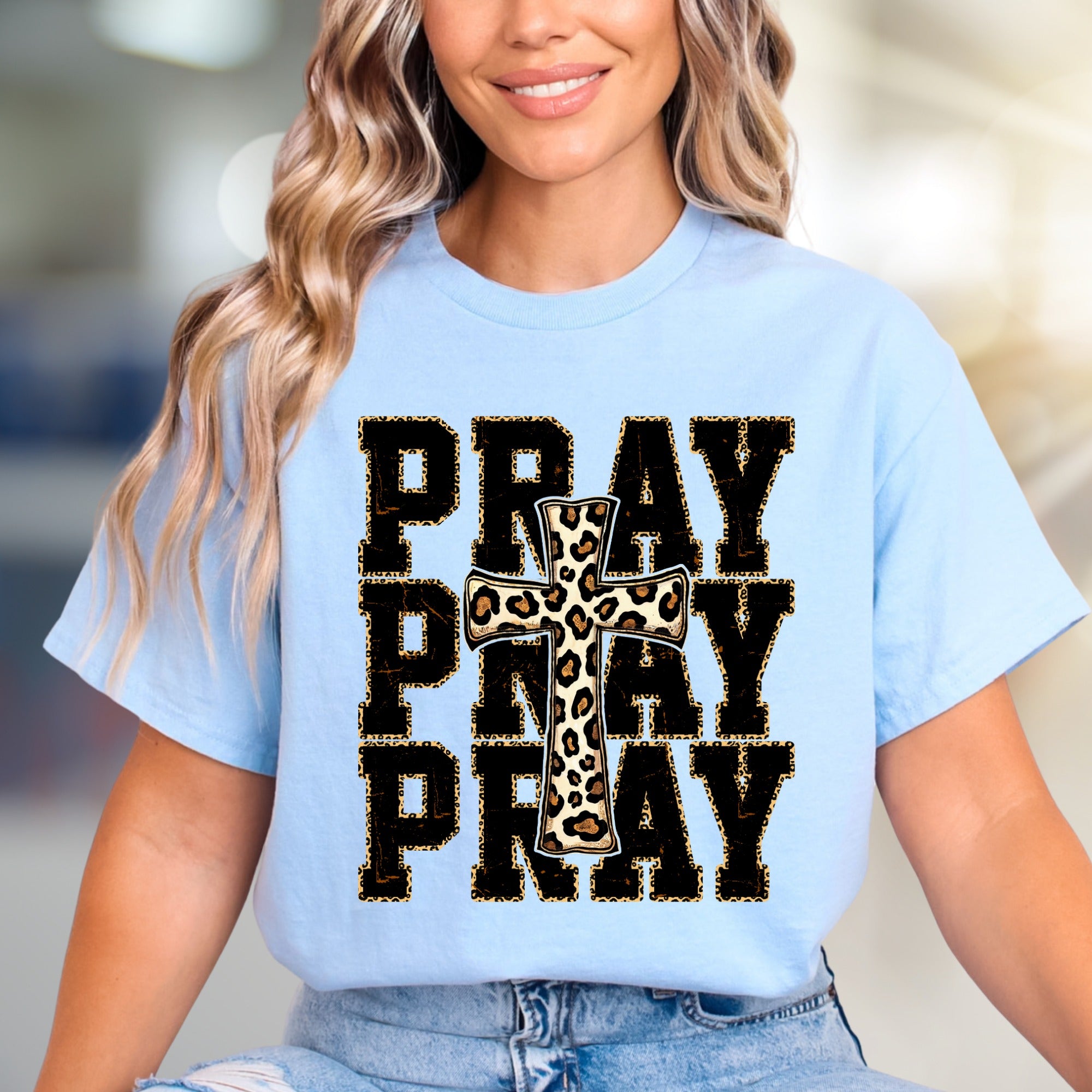 "PRAY" Leopard Print Cross Graphic Tee, a Faith-Inspired Western Pick for Her