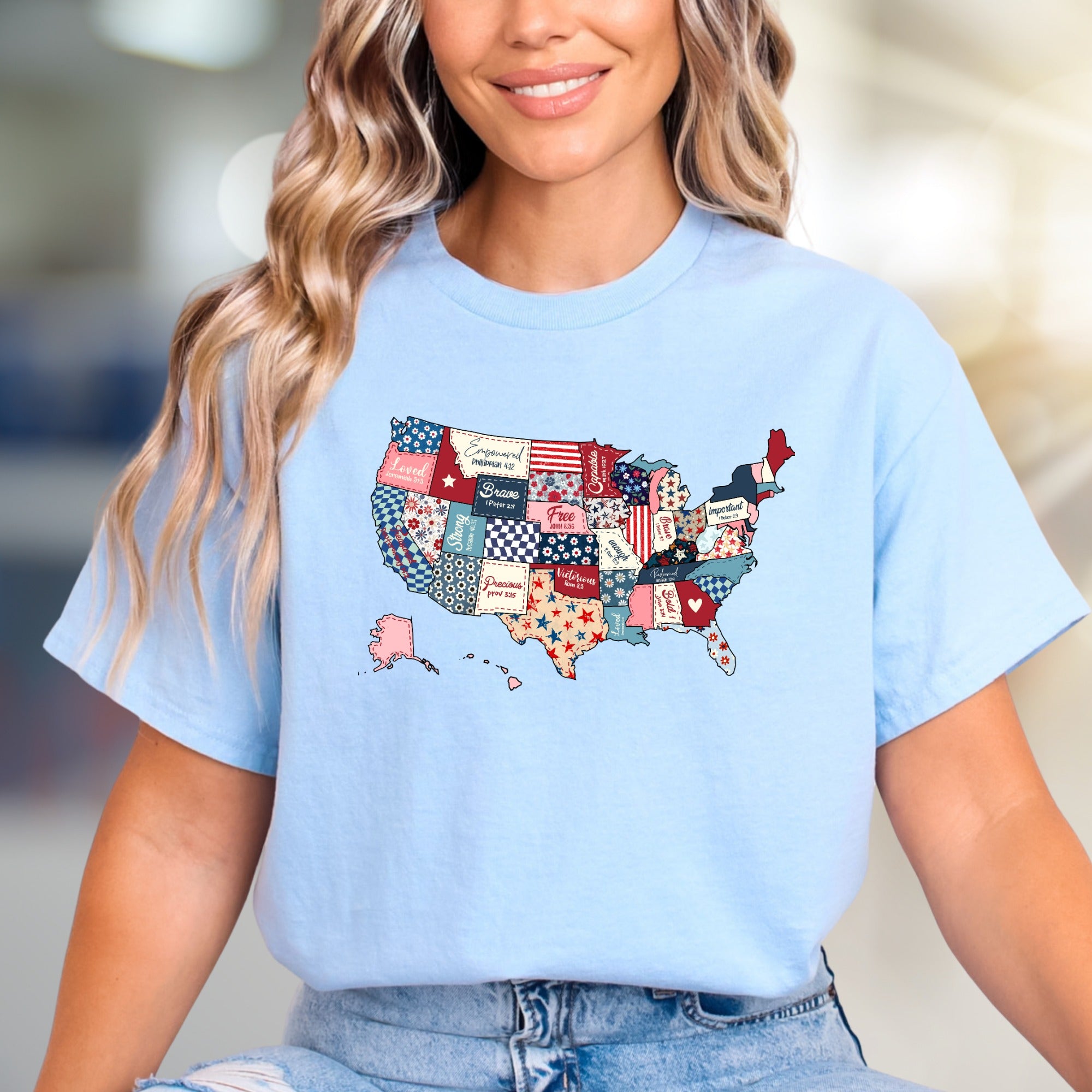 "Loved. Empowered. Brave." Christian Patchwork USA Graphic Tee, a Faith-Inspired Pick for Believers