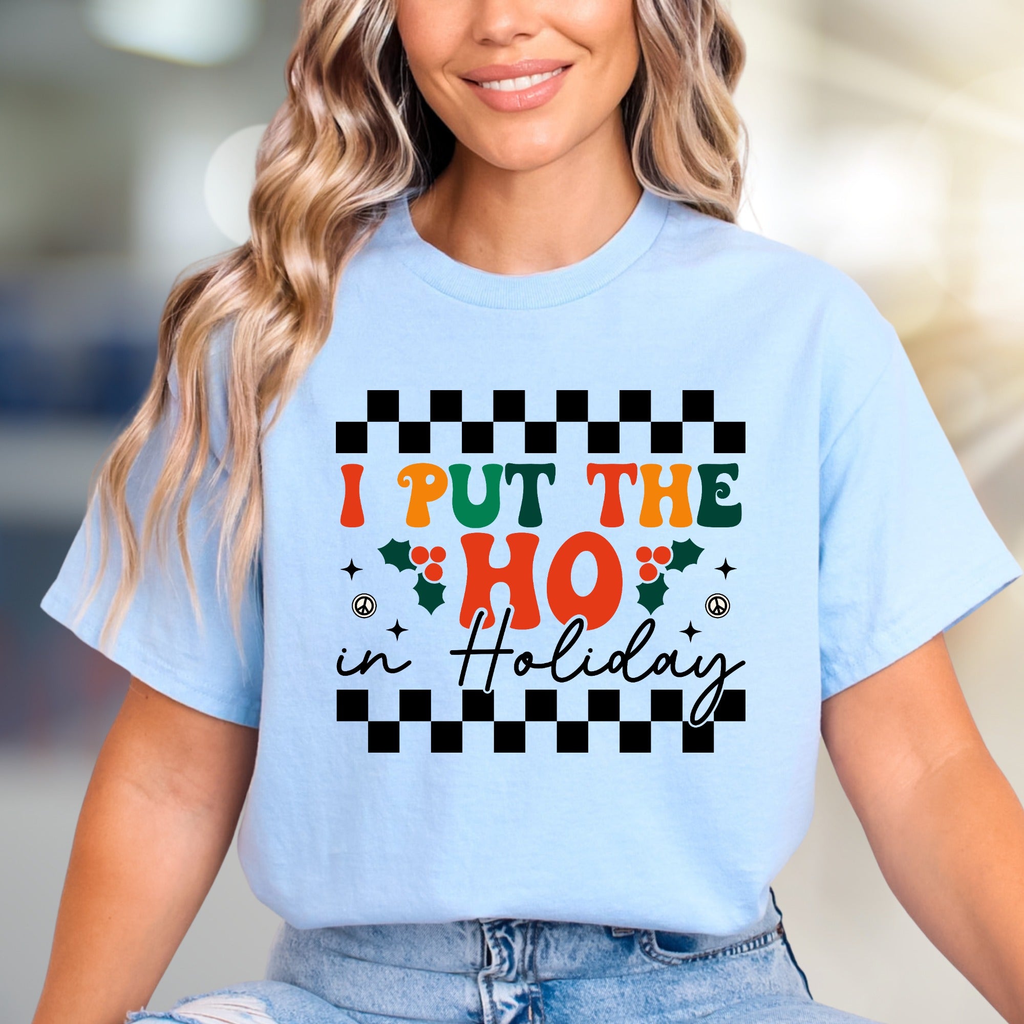 "I Put The Ho In Holiday" Checkerboard Graphic Tee, a Fun & Festive Statement