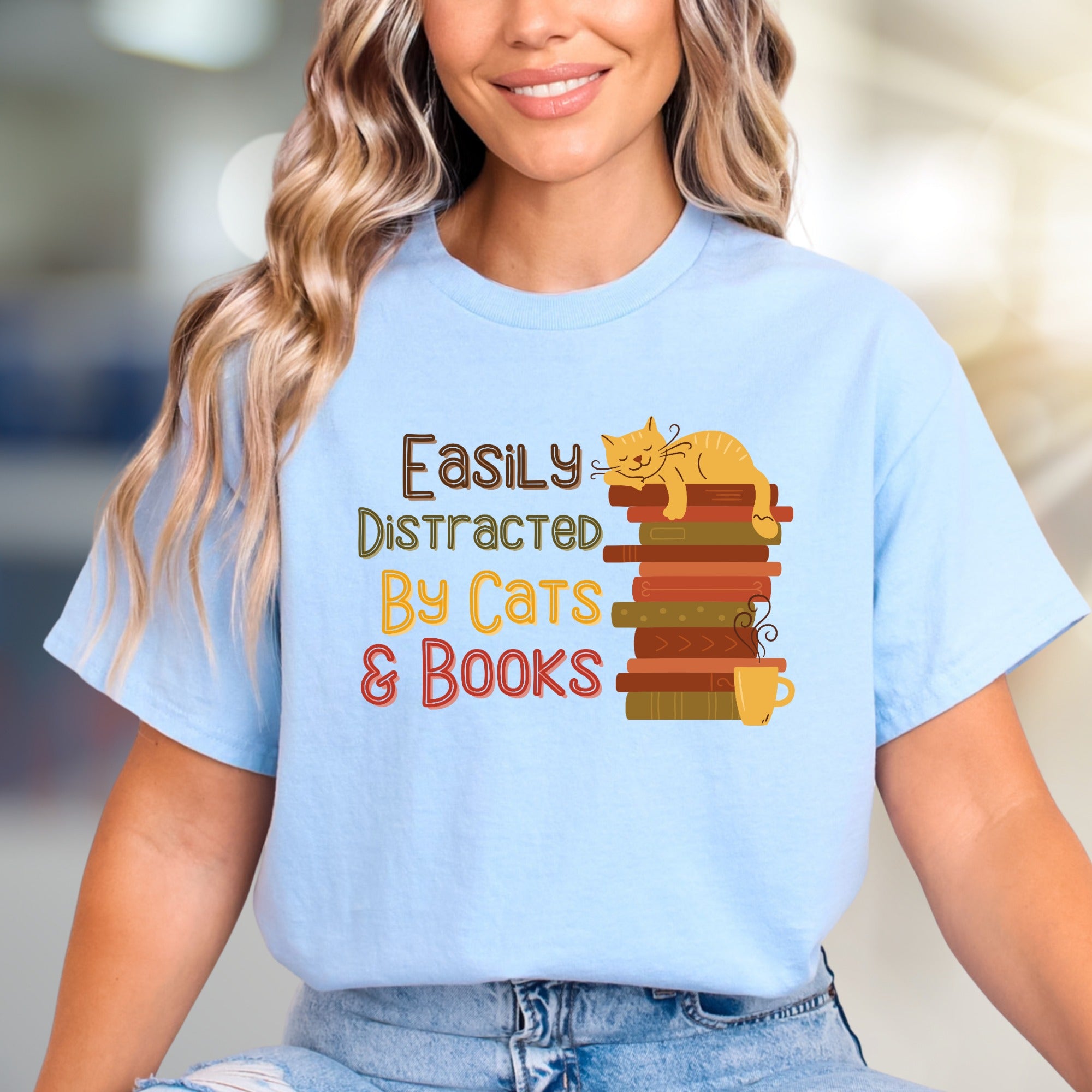 "Easily Distracted By Cats & Books" Cozy Reader Graphic Tee, a Feline Fan Pick for Book Lovers