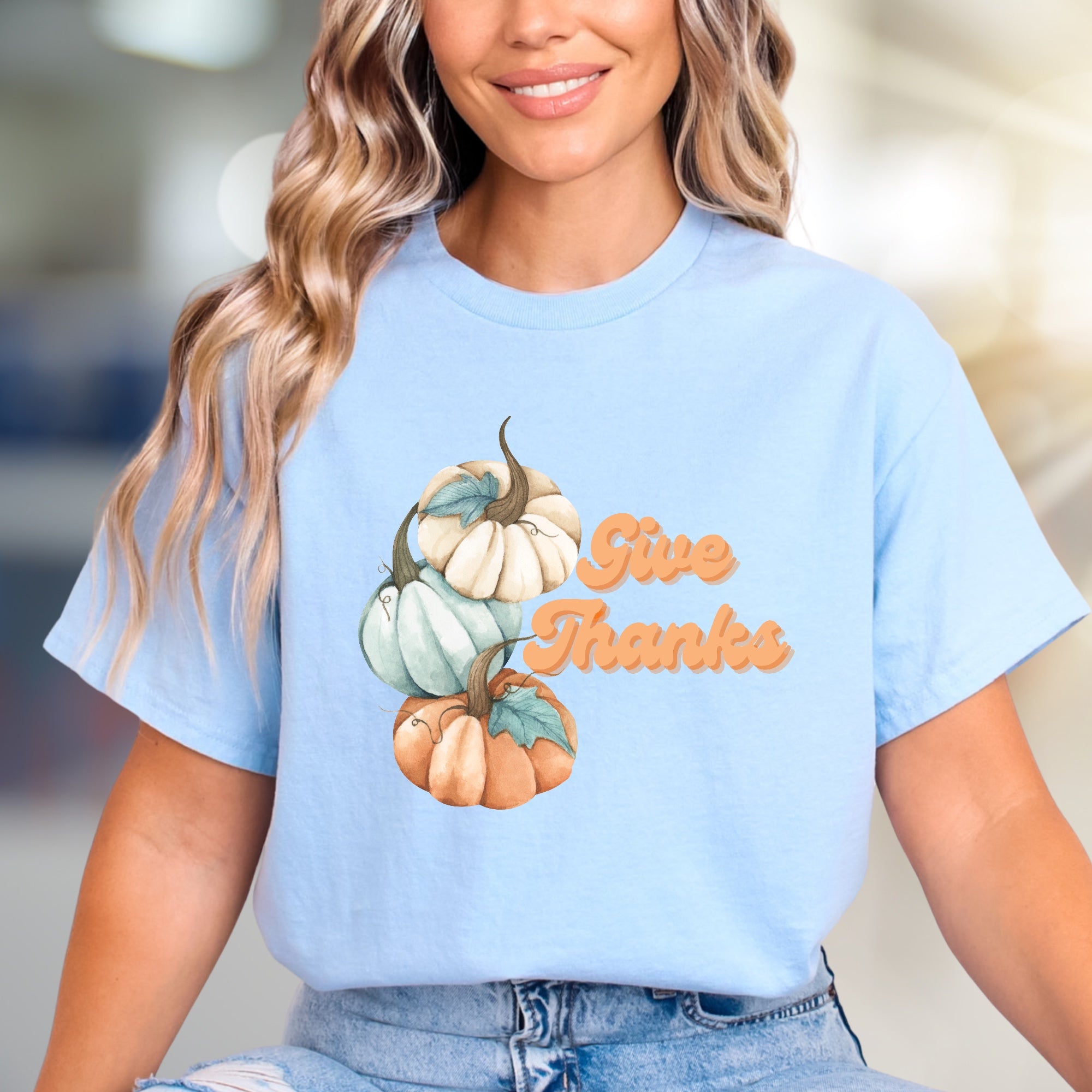 "Give Thanks" Autumn Pumpkin Graphic Tee, a Grateful Fall Pick for Everyone