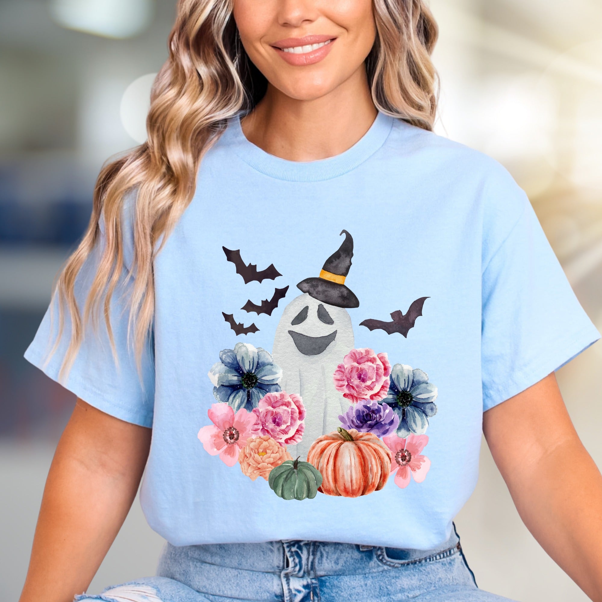 Witch Ghost & Floral Vibes Graphic Tee, a Spooky-Chic Pick for Halloween Lovers