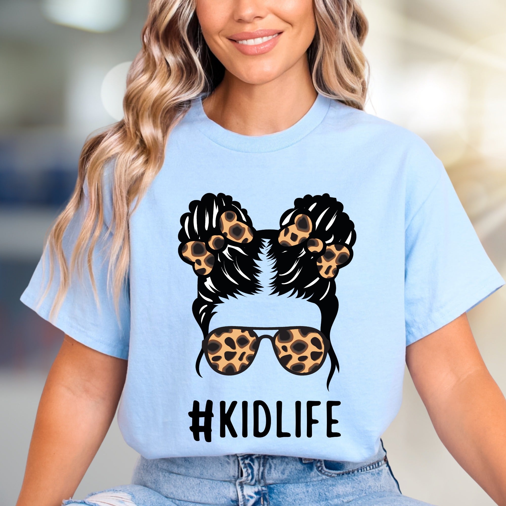#KIDLIFE Messy Hair Bun Leopard Sunglasses Graphic Tee, a Mom Life Pick for Parents