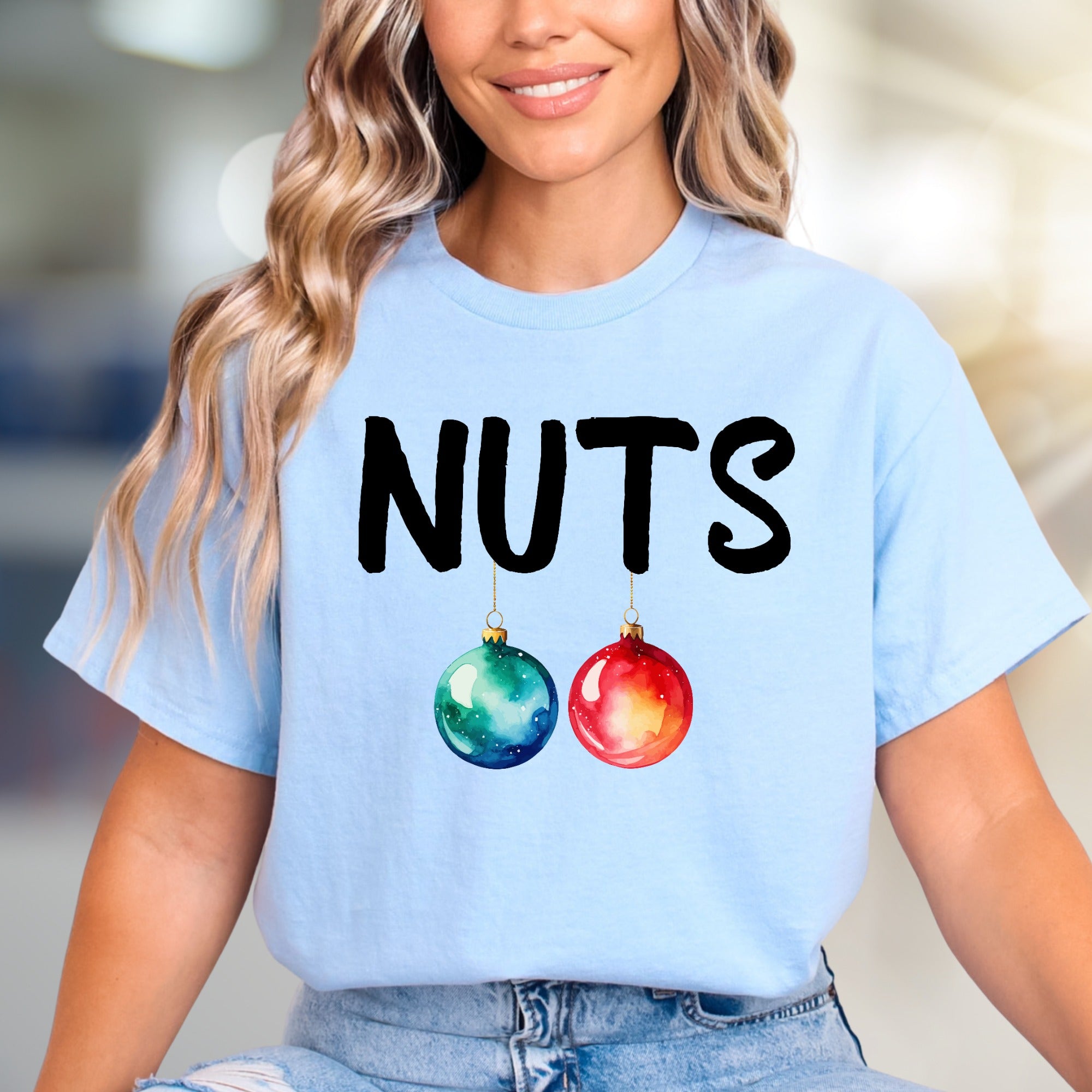 "NUTS" Christmas Ornaments Graphic Tee, a Funny Holiday Pick for Everyone