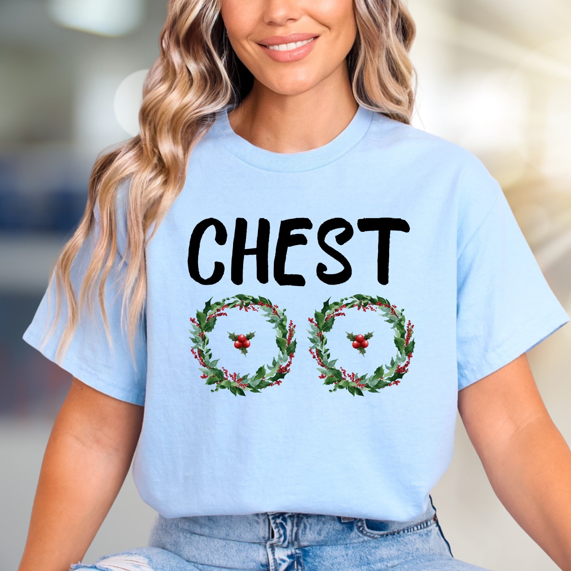 "CHEST" Holiday Wreaths Graphic Tee, a Festive Fun Pick for Christmas Parties