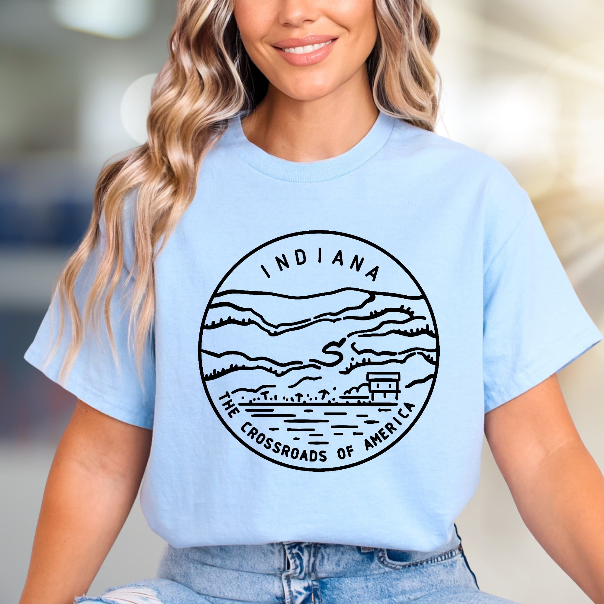 "Indiana The Crossroads of America" Retro Scenic Graphic Tee, a State Pride Pick for Travelers