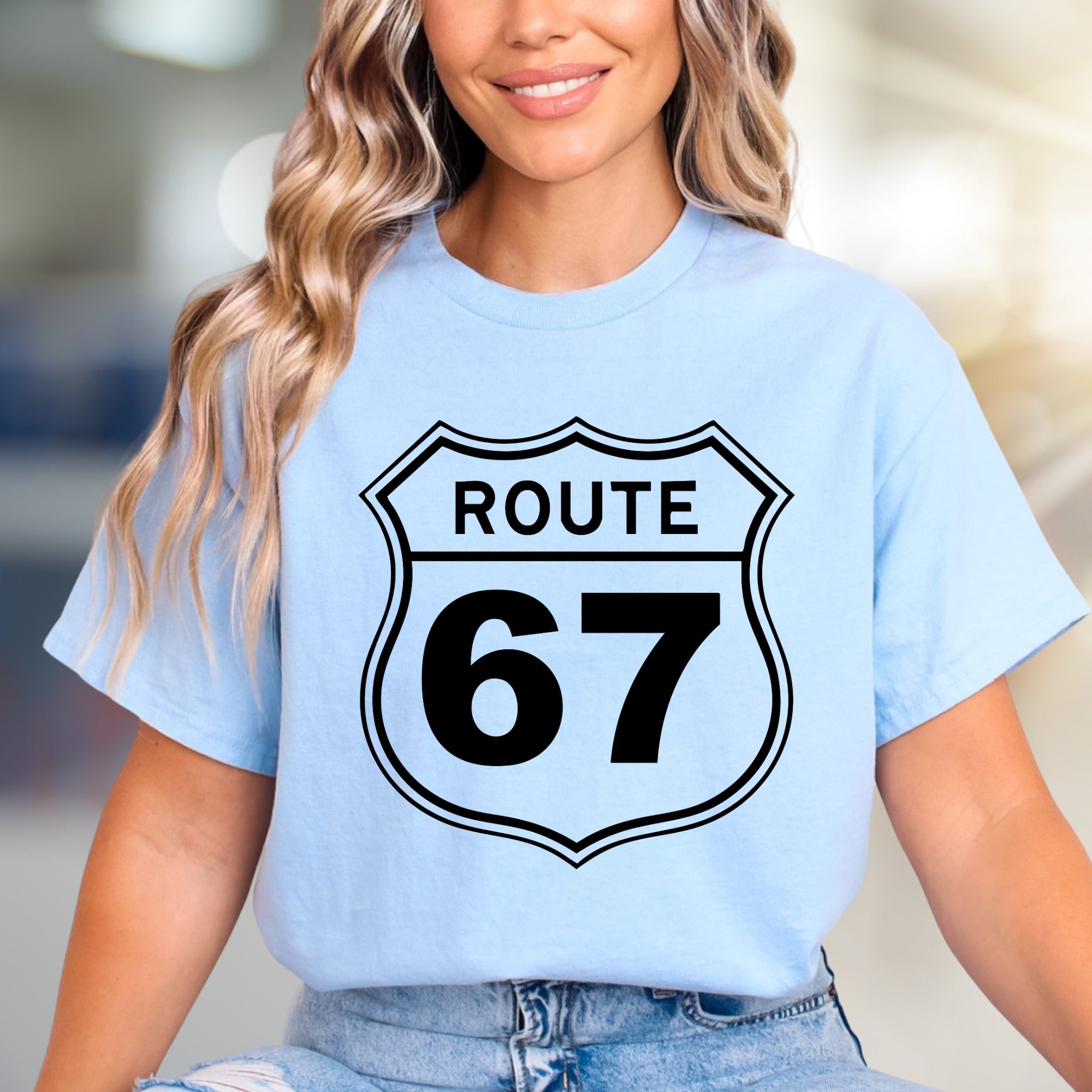 "Route 67" Highway Sign Graphic Tee, a Classic Road Trip Pick for Adventurers