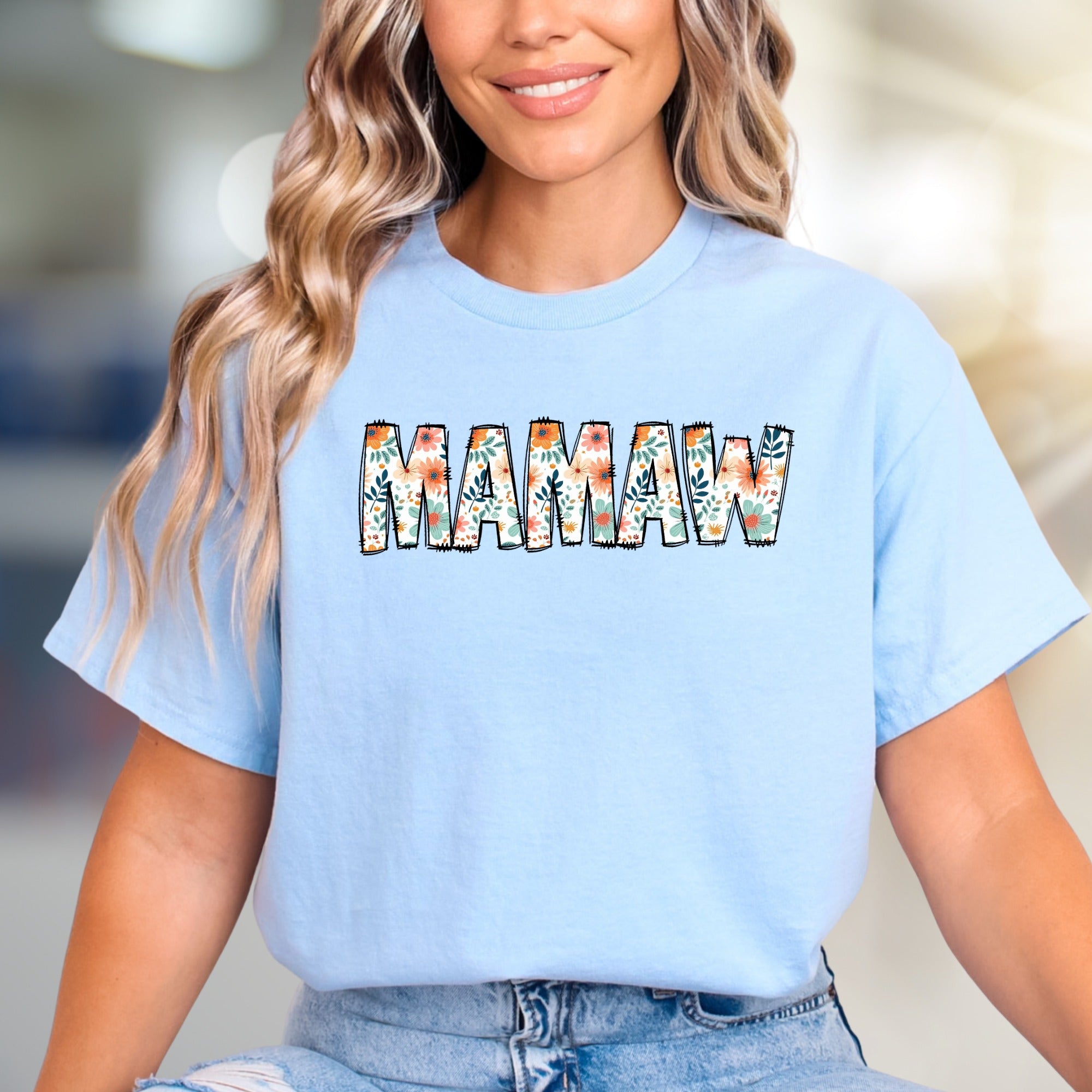 "MAMAW" Floral Print Graphic Tee, a Heartfelt Gift for Grandmothers