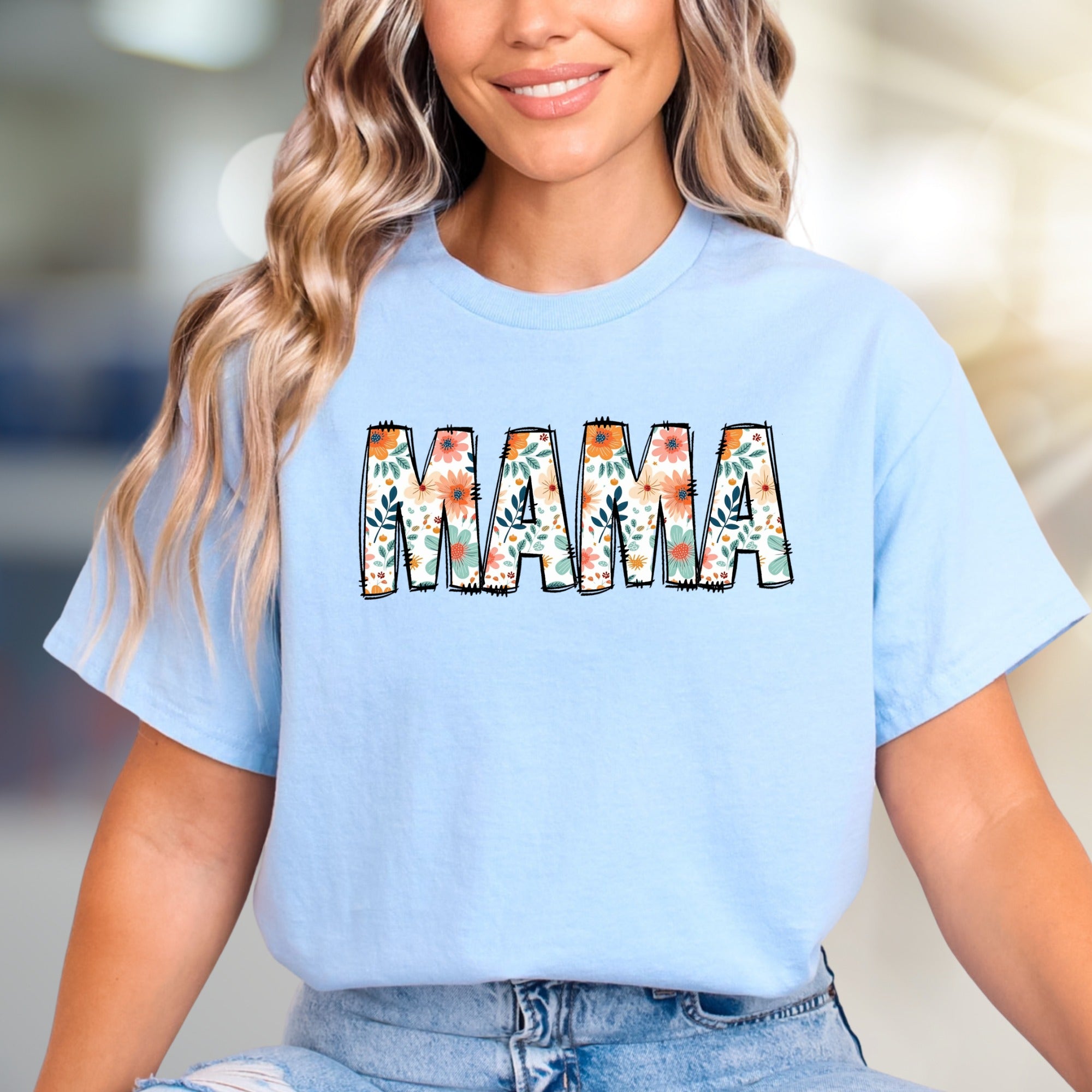 "MAMA" Floral Block Letter Graphic Tee, A Botanical Tribute for Moms