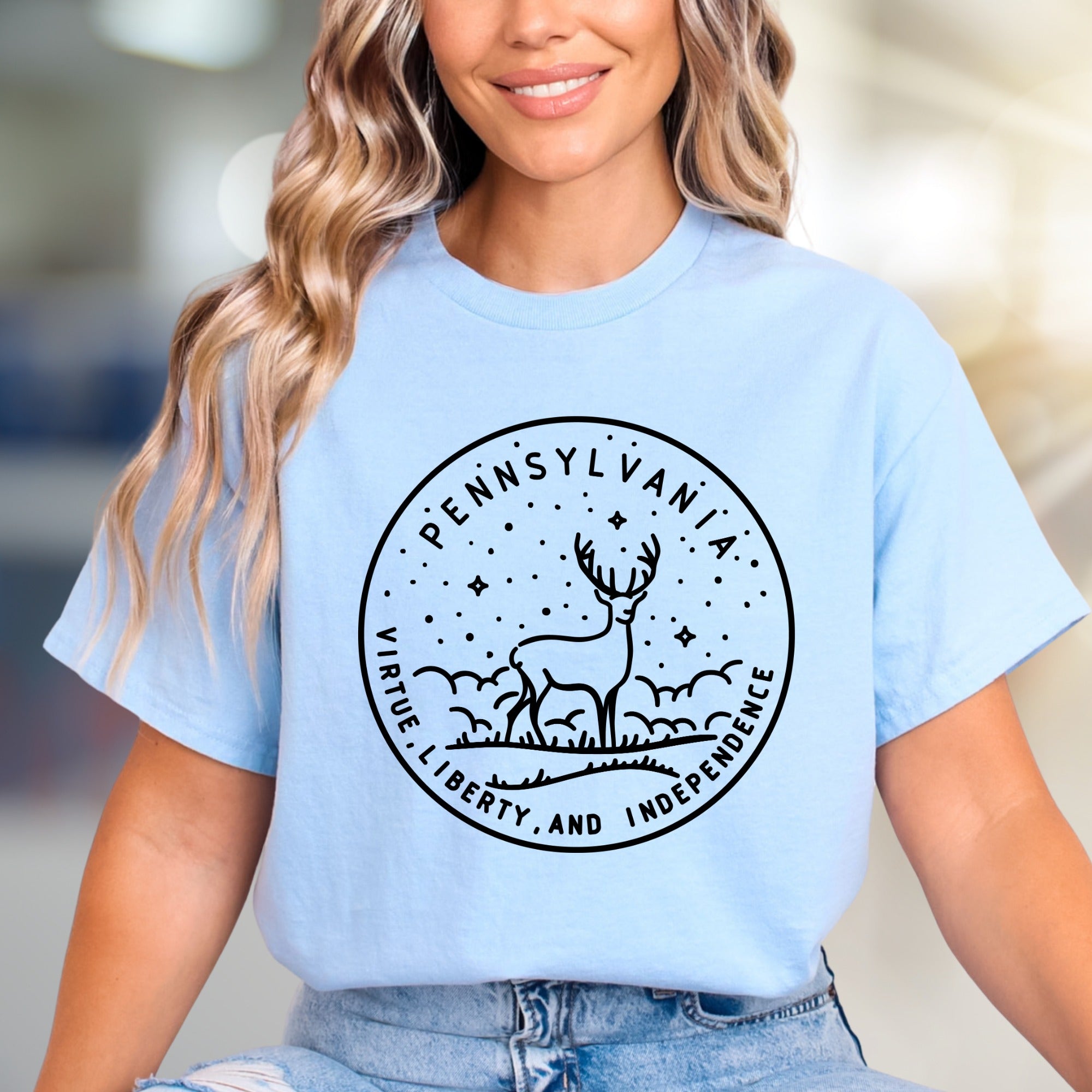"Pennsylvania Virtue Liberty and Independence" Deer Graphic Tee, a State Pride Pick for Locals & Lovers