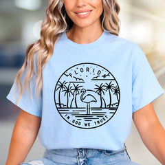 "Florida In God We Trust" Tropical Flamingo Tee, a Retro Florida Pick for Beach Lovers