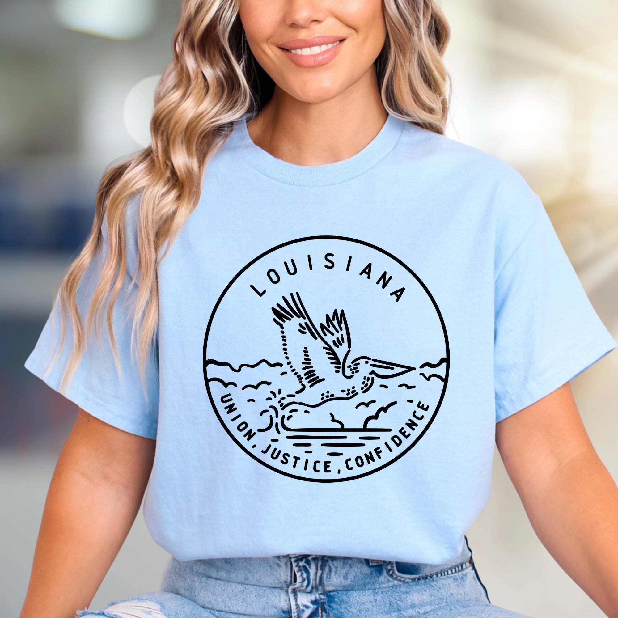 "LOUISIANA" Pelican Seal Graphic Tee, a State Pride Pick for Souvenir Lovers