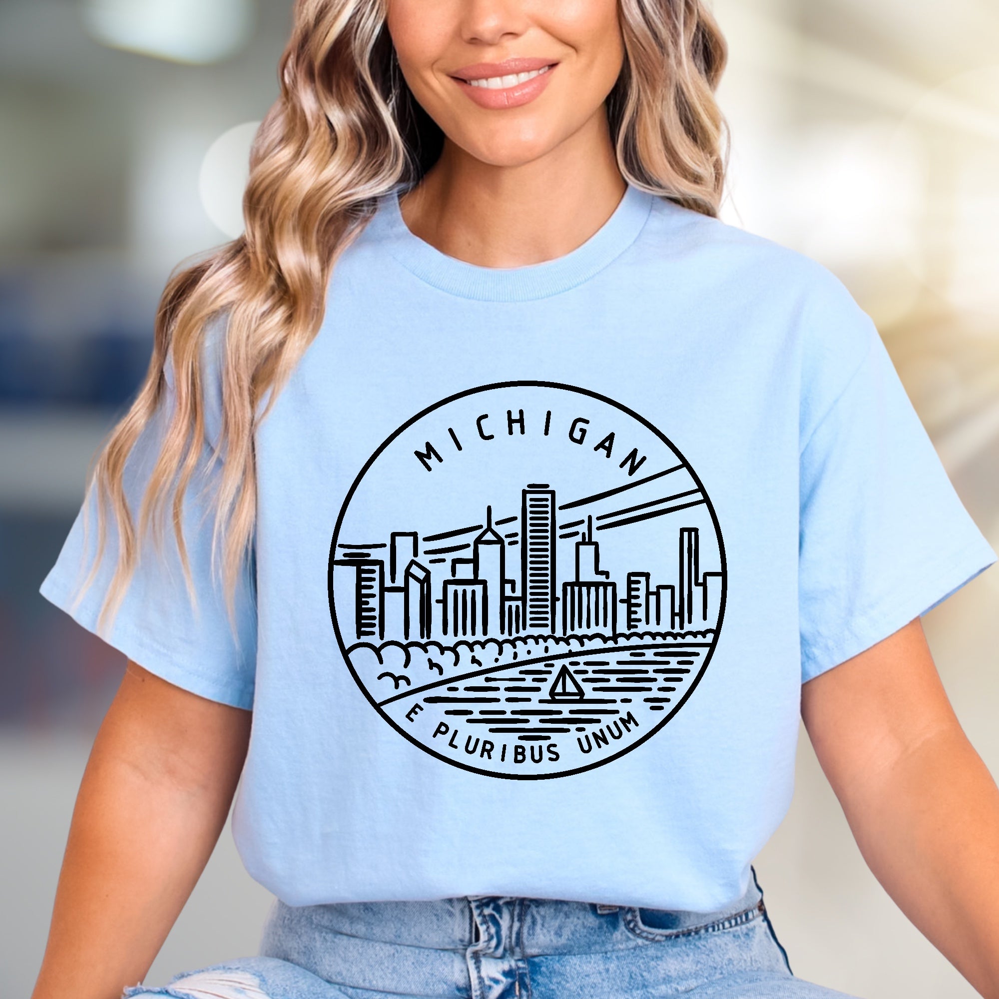 "MICHIGAN E PLURIBUS UNUM" Cityscape Graphic Tee, a State Pride Pick for Travel Enthusiasts