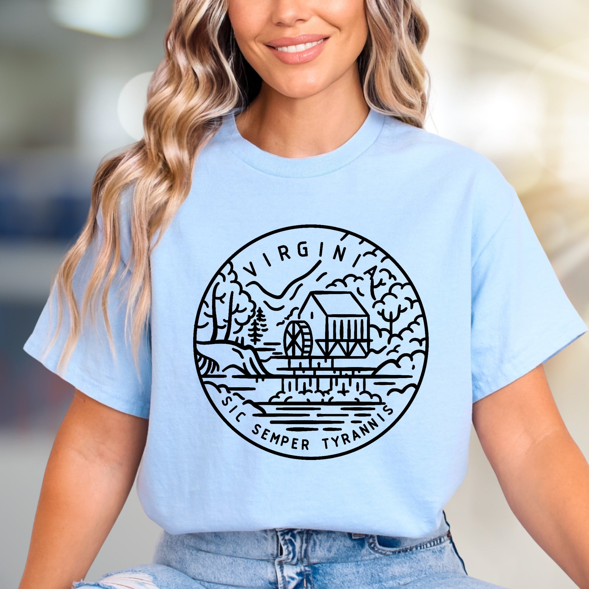 "Virginia Sic Semper Tyrannis" Nature Scene Graphic Tee, a Heritage Pick for Enthusiasts