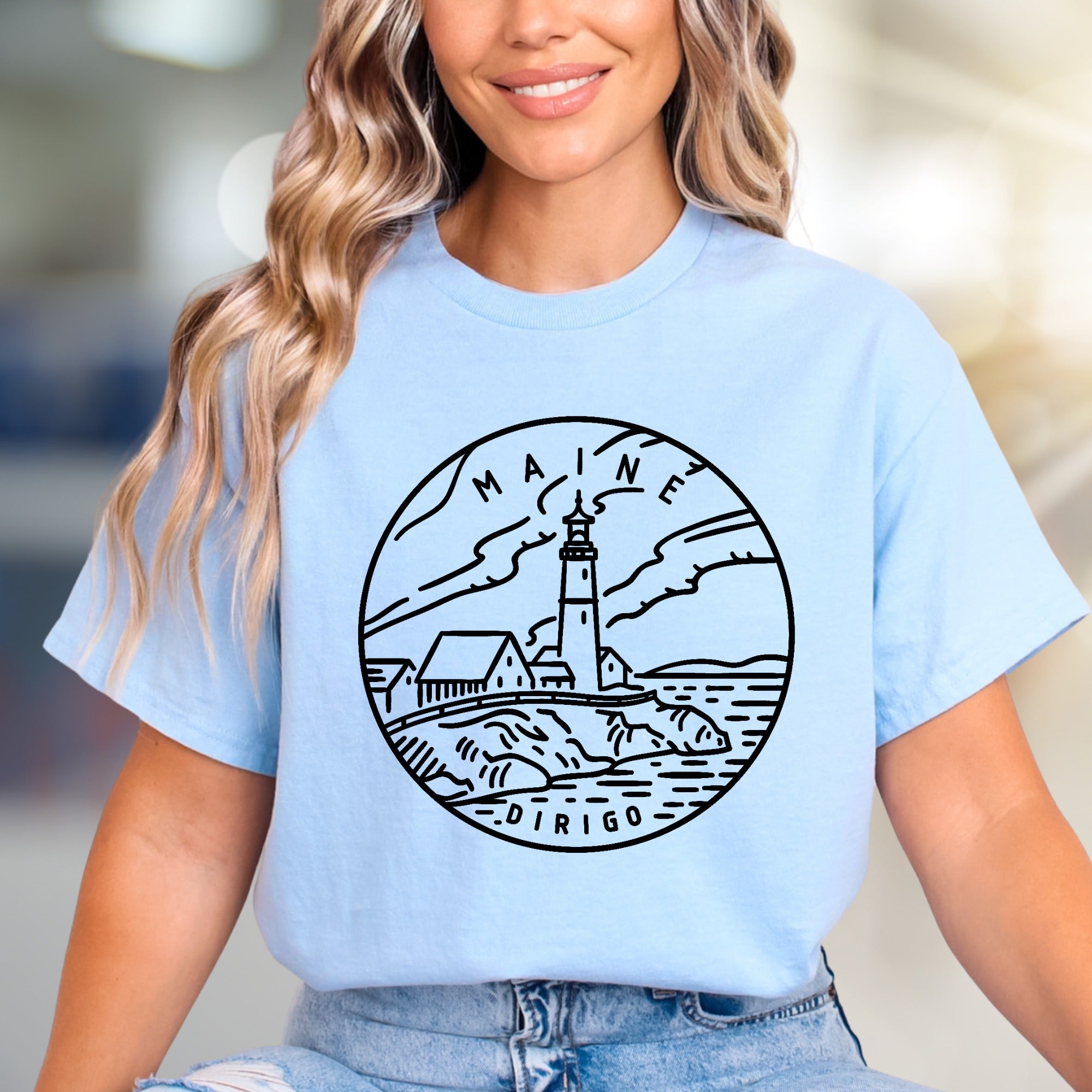 "MAINE DIRIGO" Lighthouse Graphic Tee, a Coastal State Pick for Travelers
