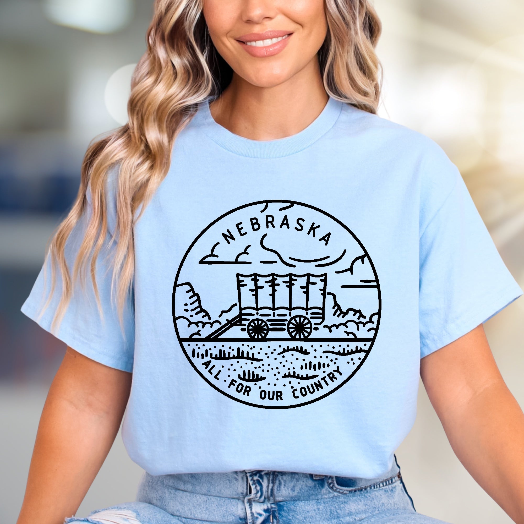 "NEBRASKA ALL FOR OUR COUNTRY" Pioneer Wagon Graphic Tee, a Heritage Pick for State Enthusiasts