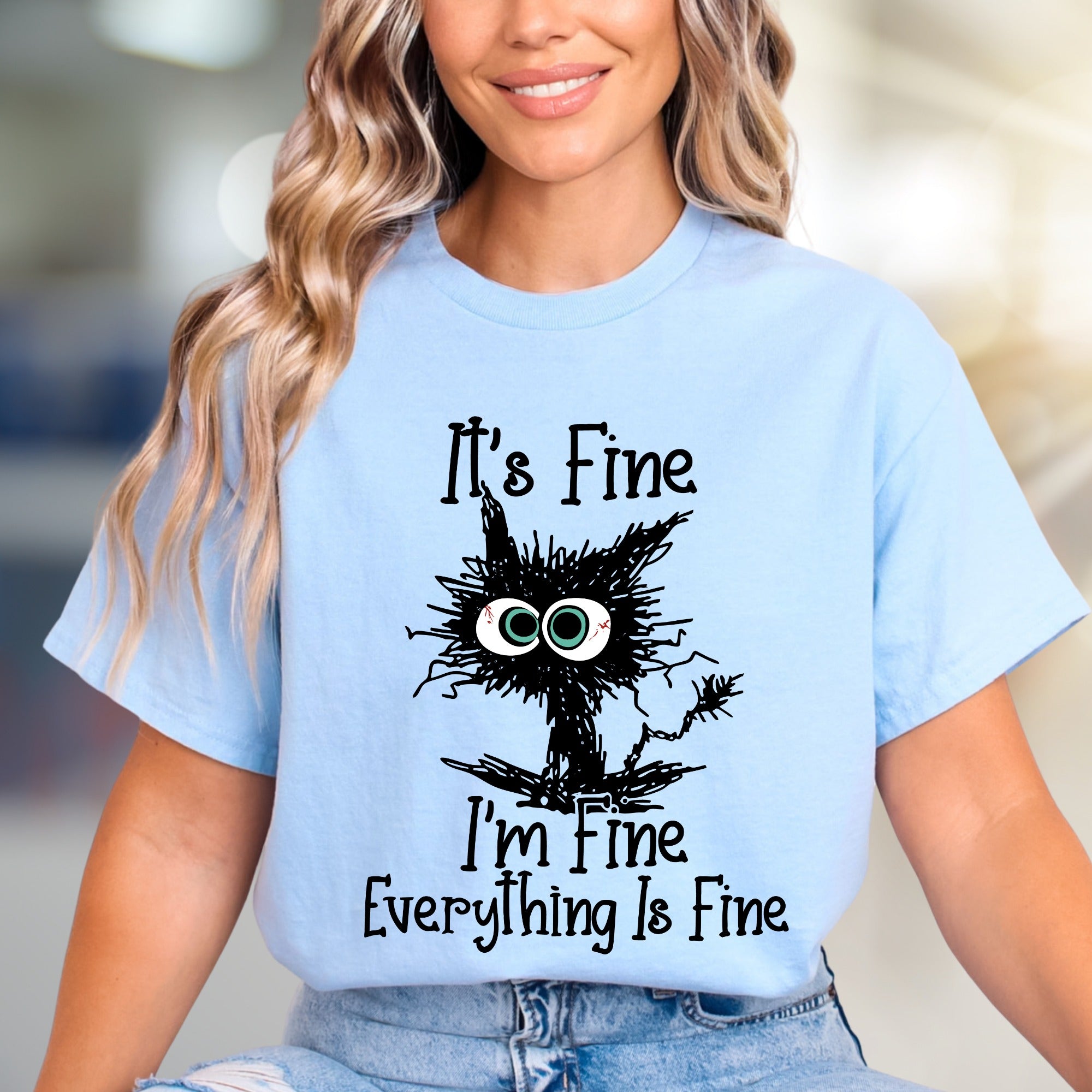 "It's Fine I'm Fine Everything Is Fine" Funny Cat Graphic Tee, a Witty Pick for Humor Lovers