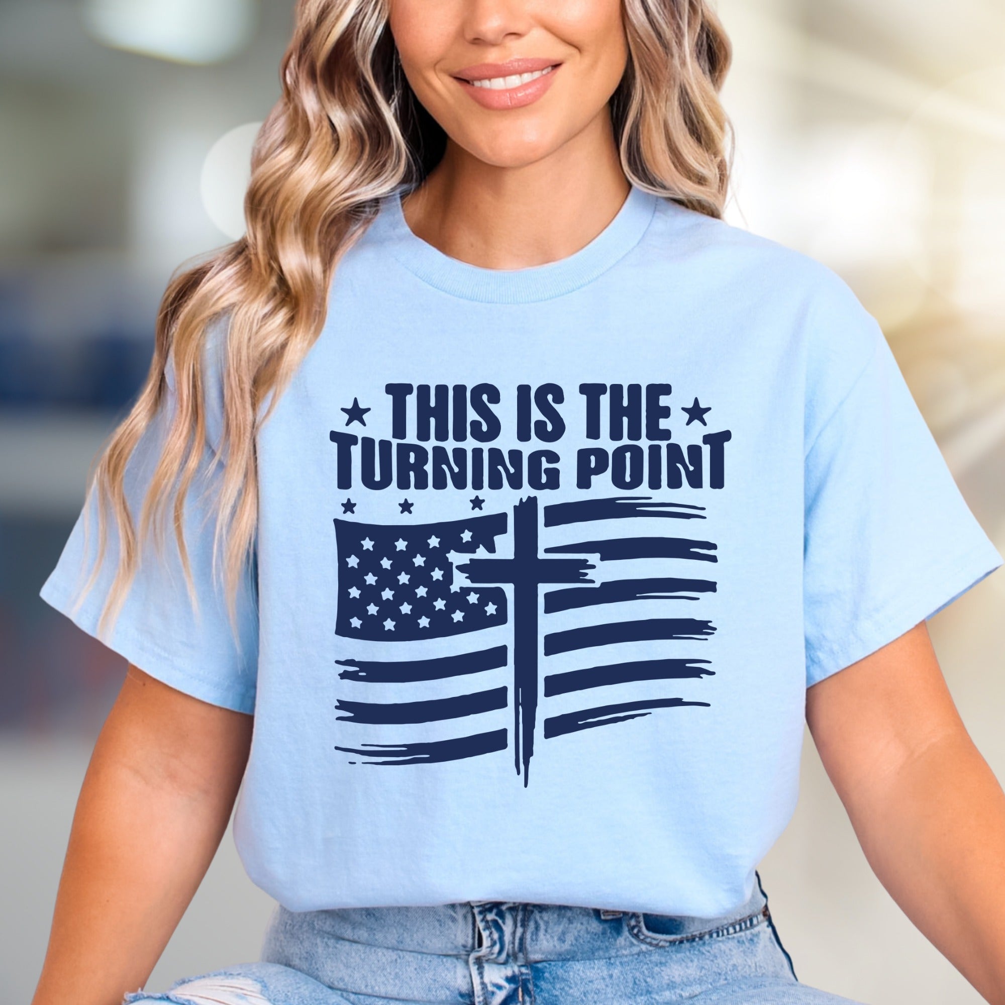 "THIS IS THE TURNING POINT" American Flag Cross Graphic Tee, a Faith-Inspired Statement