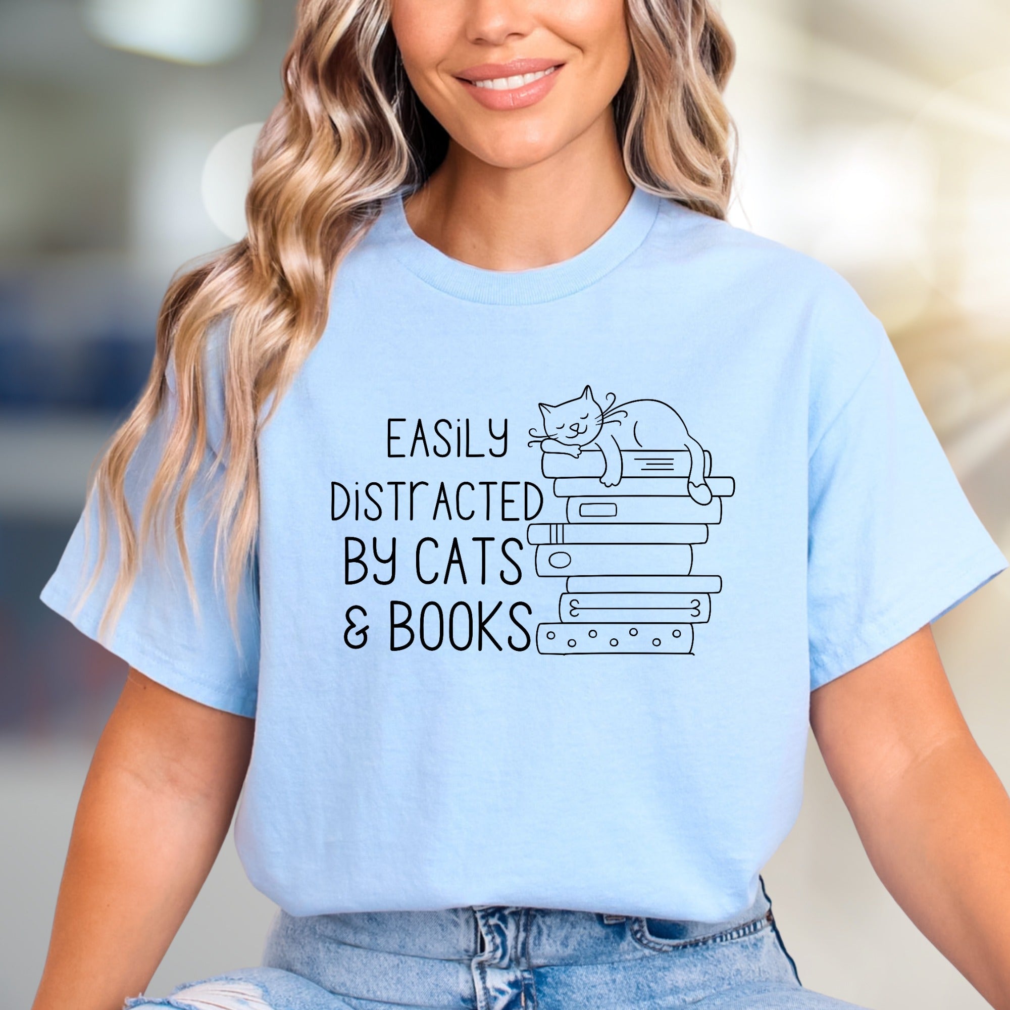 "Easily Distracted By Cats & Books" Cozy Reader Graphic Tee, a Feline-Friendly Pick for Book Lovers