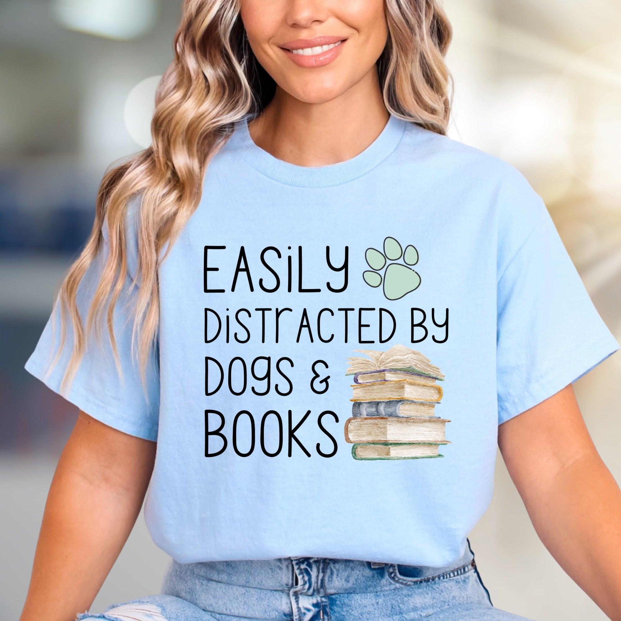 Easily Distracted by Dogs & Books Graphic Tee, A Cozy Librarian's Pick for Book Lovers
