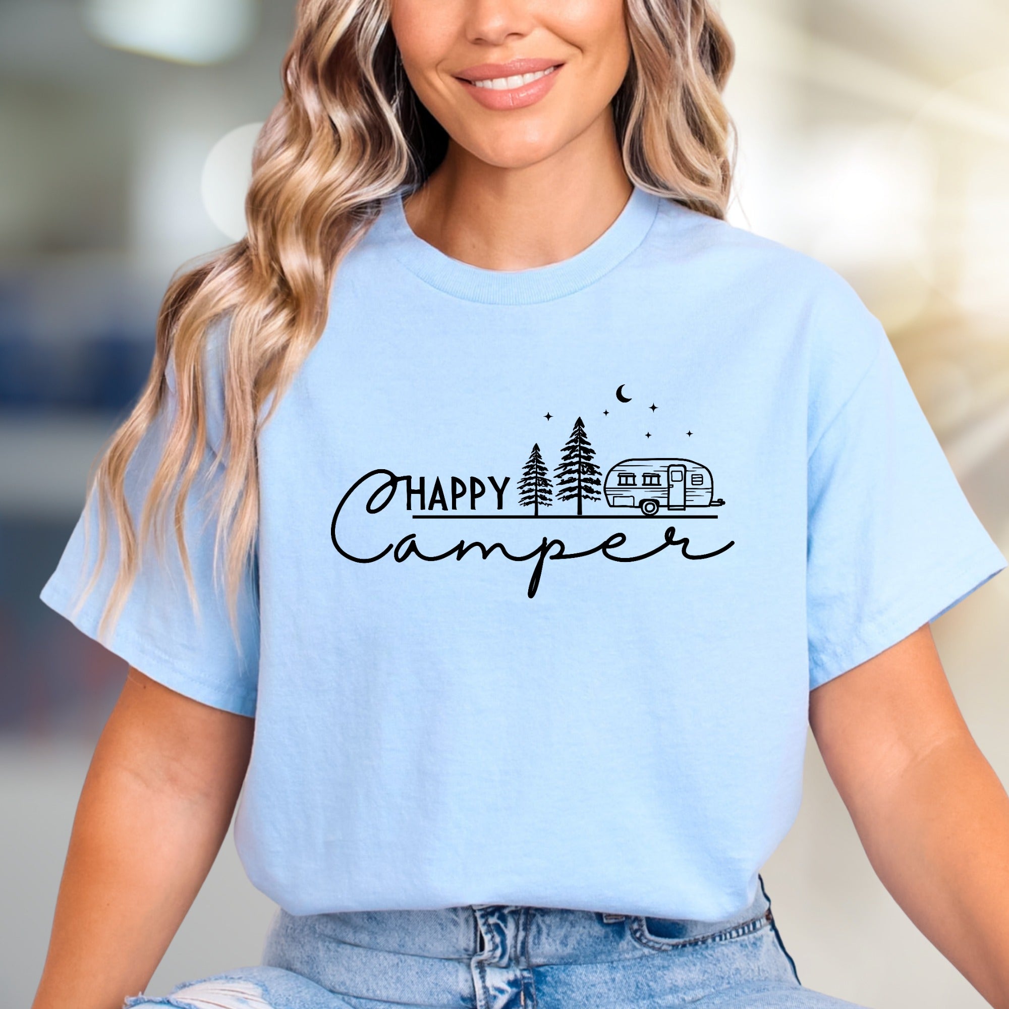 "Happy Camper" Outdoor Adventure Graphic Tee, a Retreat Style Pick for Nature Lovers