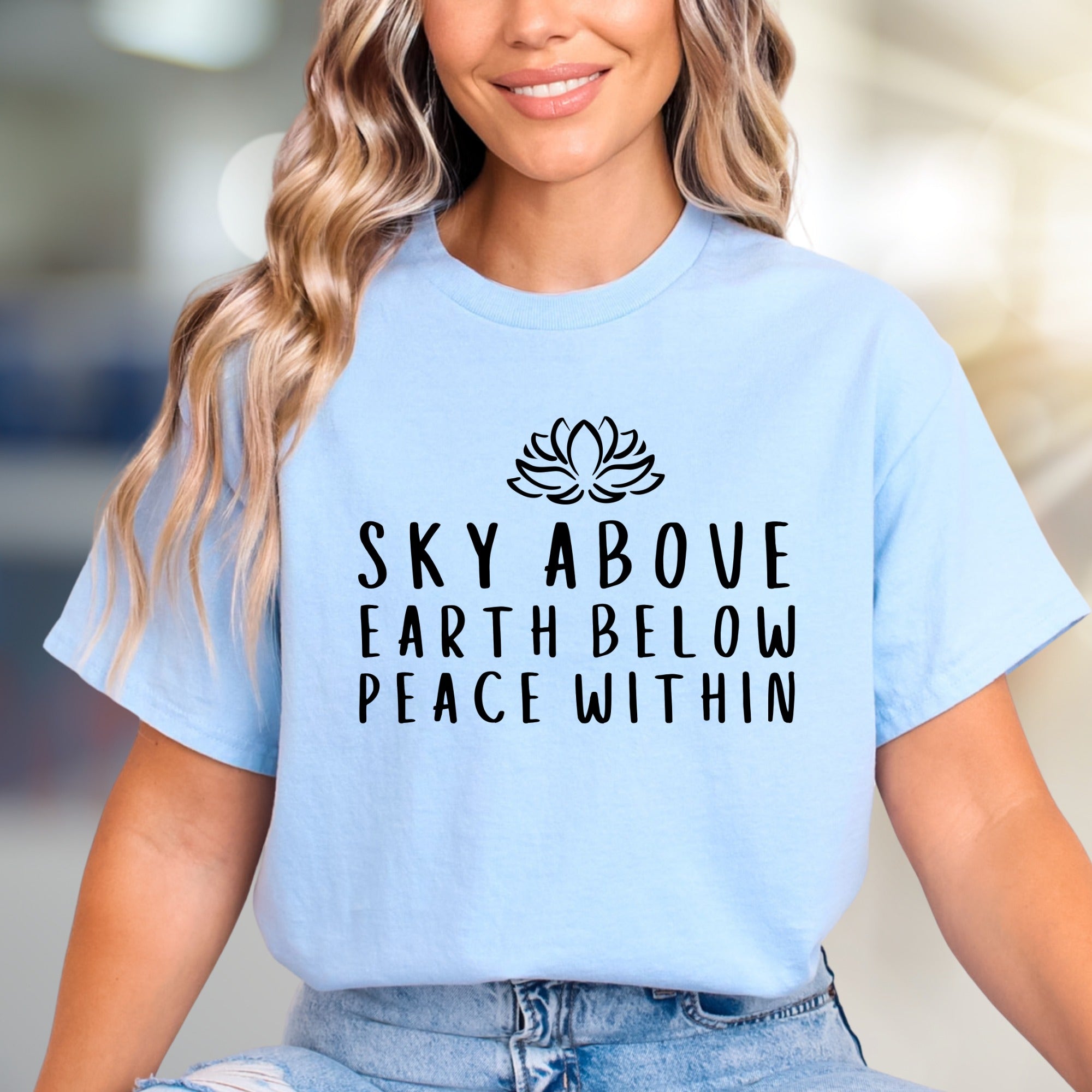 "Sky Above Earth Below Peace Within" Lotus Graphic Tee, a Zen Pick for Spiritual Seekers
