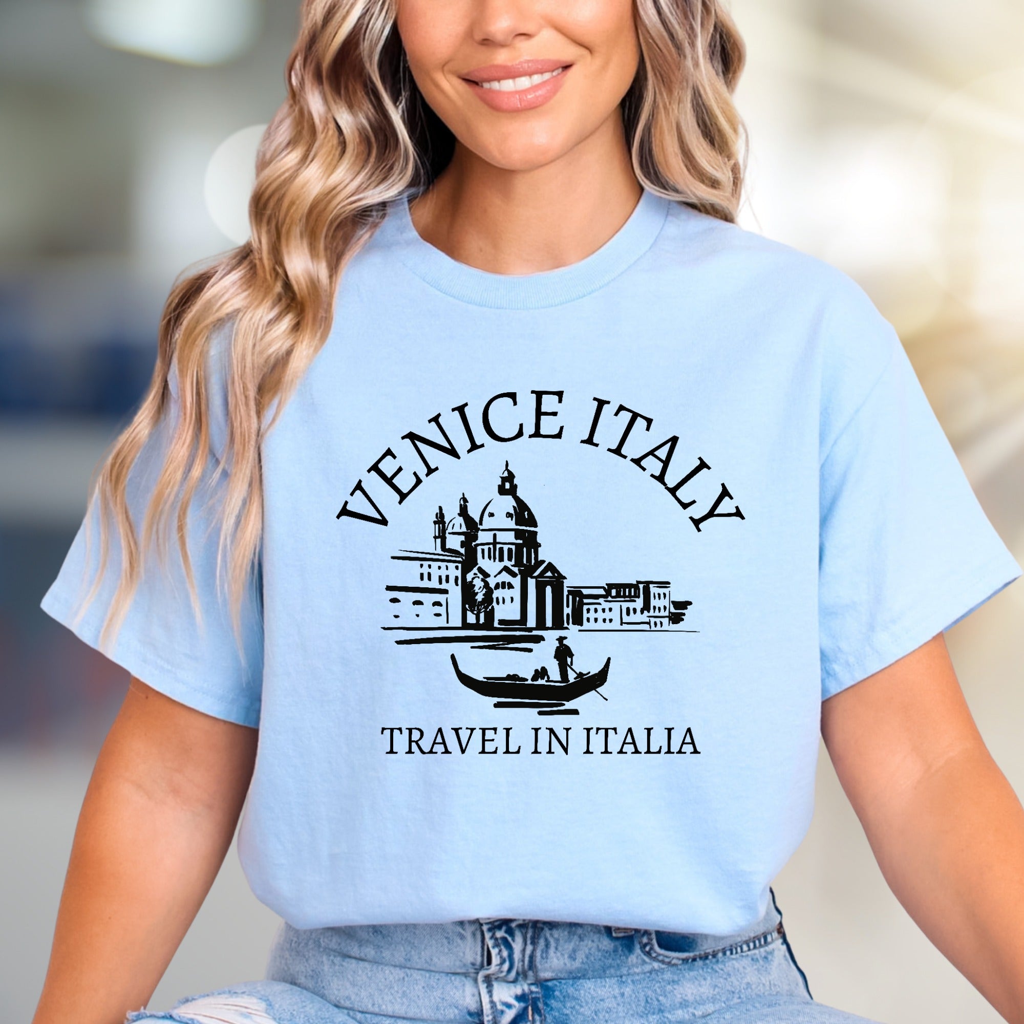 "VENICE ITALY TRAVEL IN ITALIA" Cityscape Graphic Tee, a European Travel Wear Pick for Wanderlusters