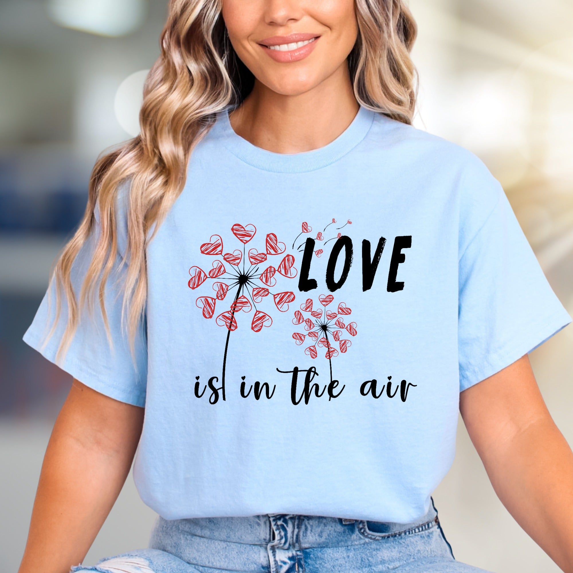 "LOVE is in the air" Dandelion Heart Graphic Tee, a Romantic Pick for Couples
