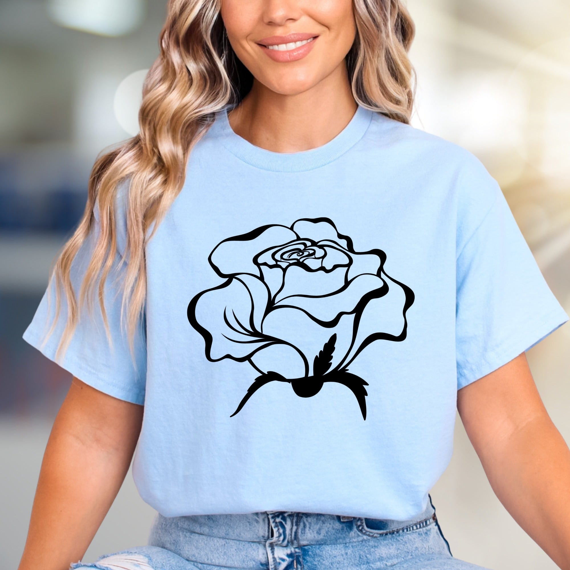 White Outline Rose Graphic Tee, a Floral Art Aesthetic for Everyday Style