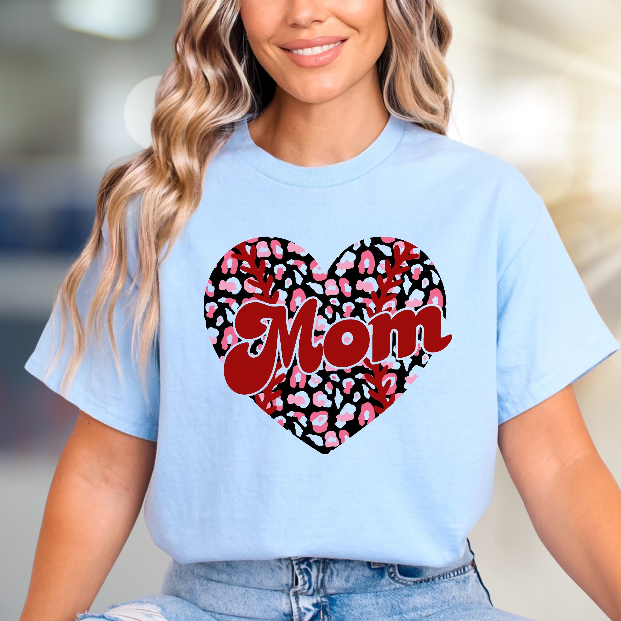 Mom Leopard Print Heart Baseball Graphic Tee, a Trendy Statement for Her