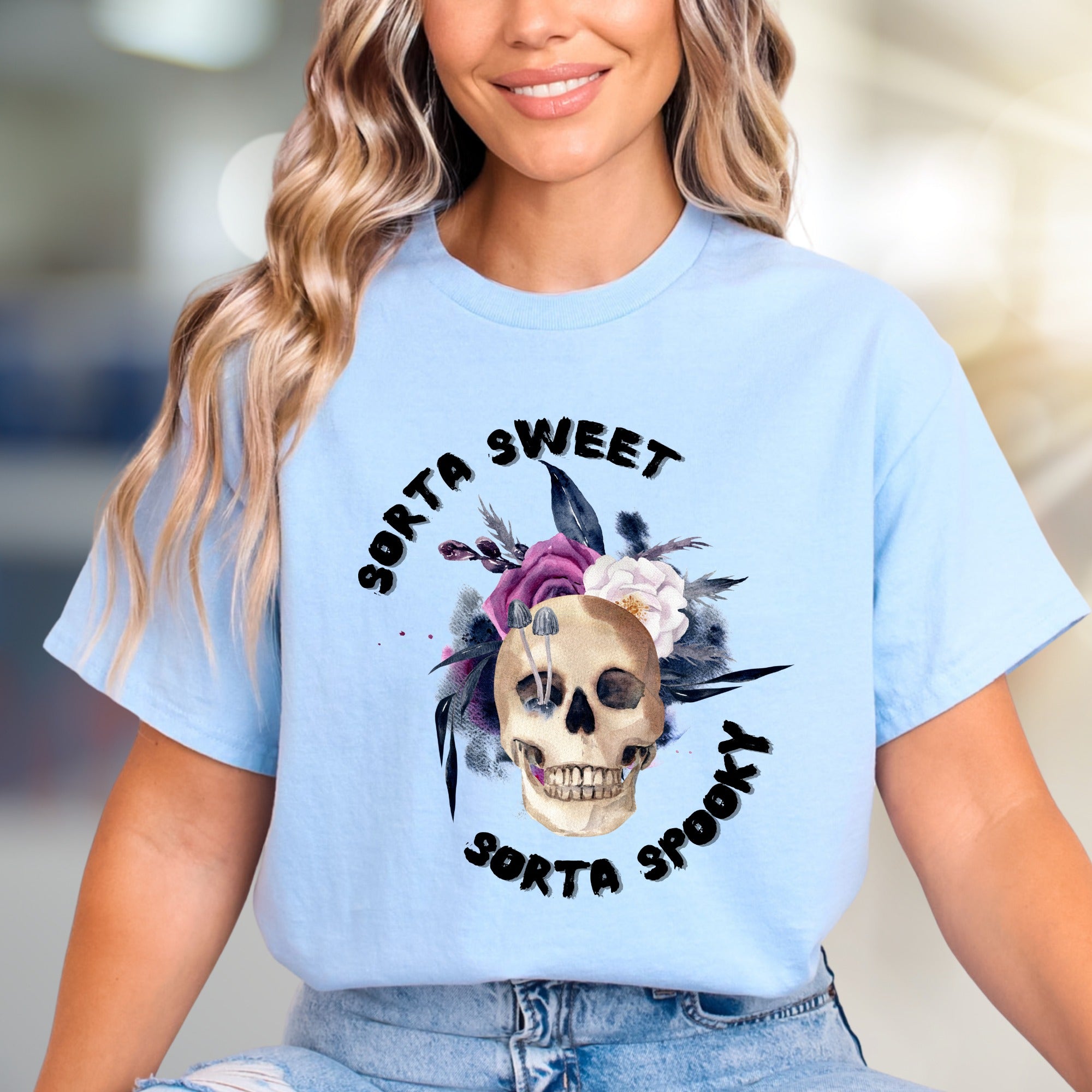 "Sorta Sweet Sorta Spooky" Skull Graphic Tee, a Gothic Chic Pick for Halloween Lovers