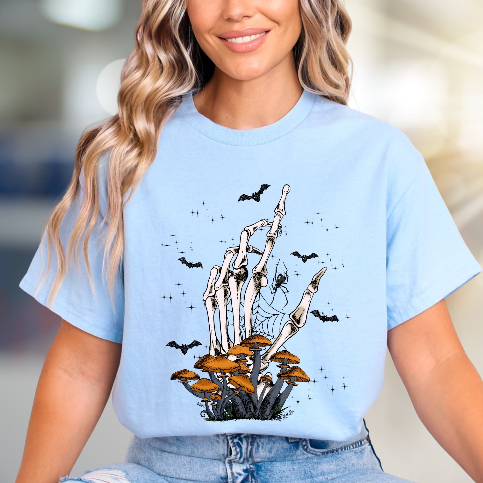 Skeleton Hand Mushroom Graphic Tee, a Spooky-Cute Pick for Halloween Lovers