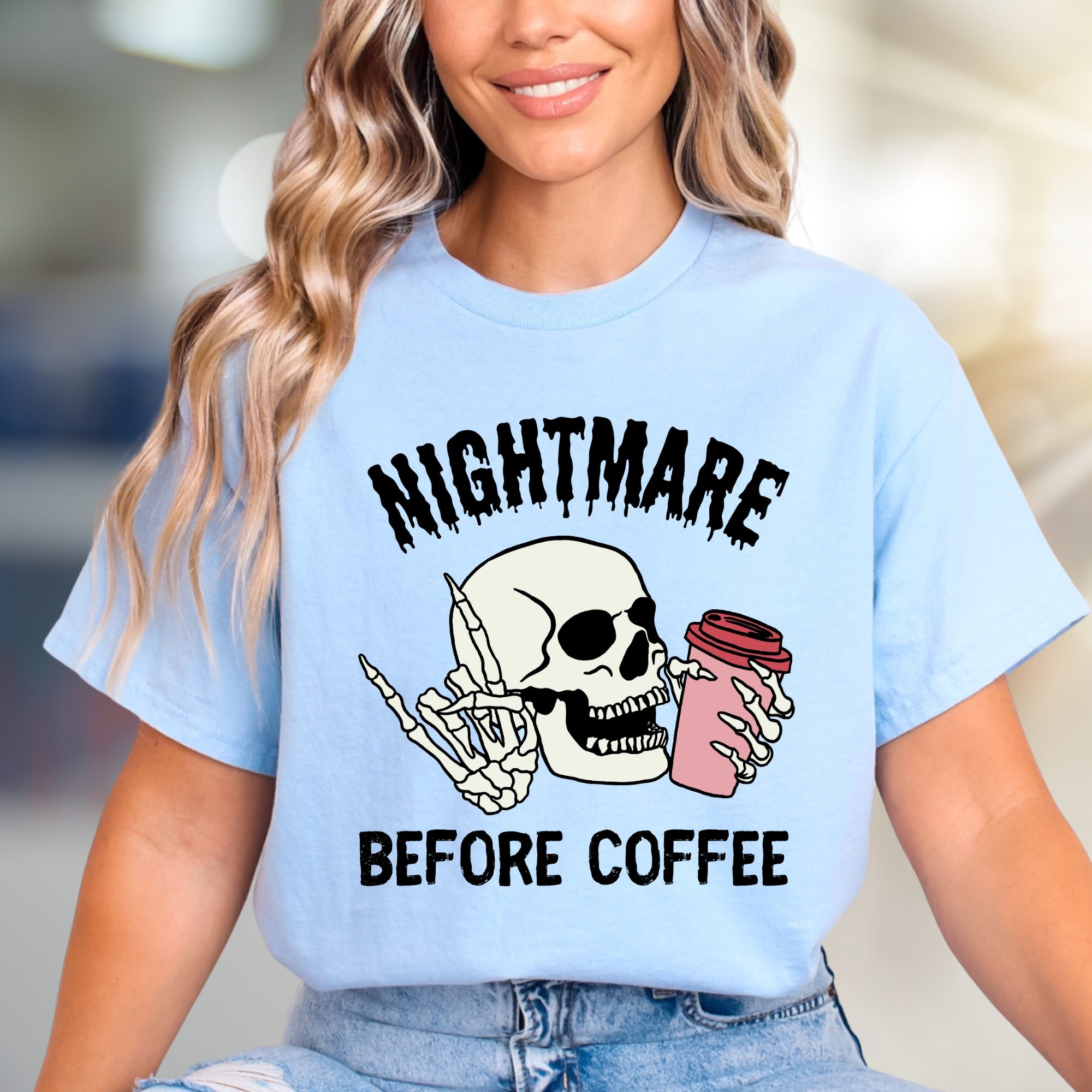 "NIGHTMARE BEFORE COFFEE" Humorous Skeleton Graphic Tee, a Witty Statement for Coffee Lovers