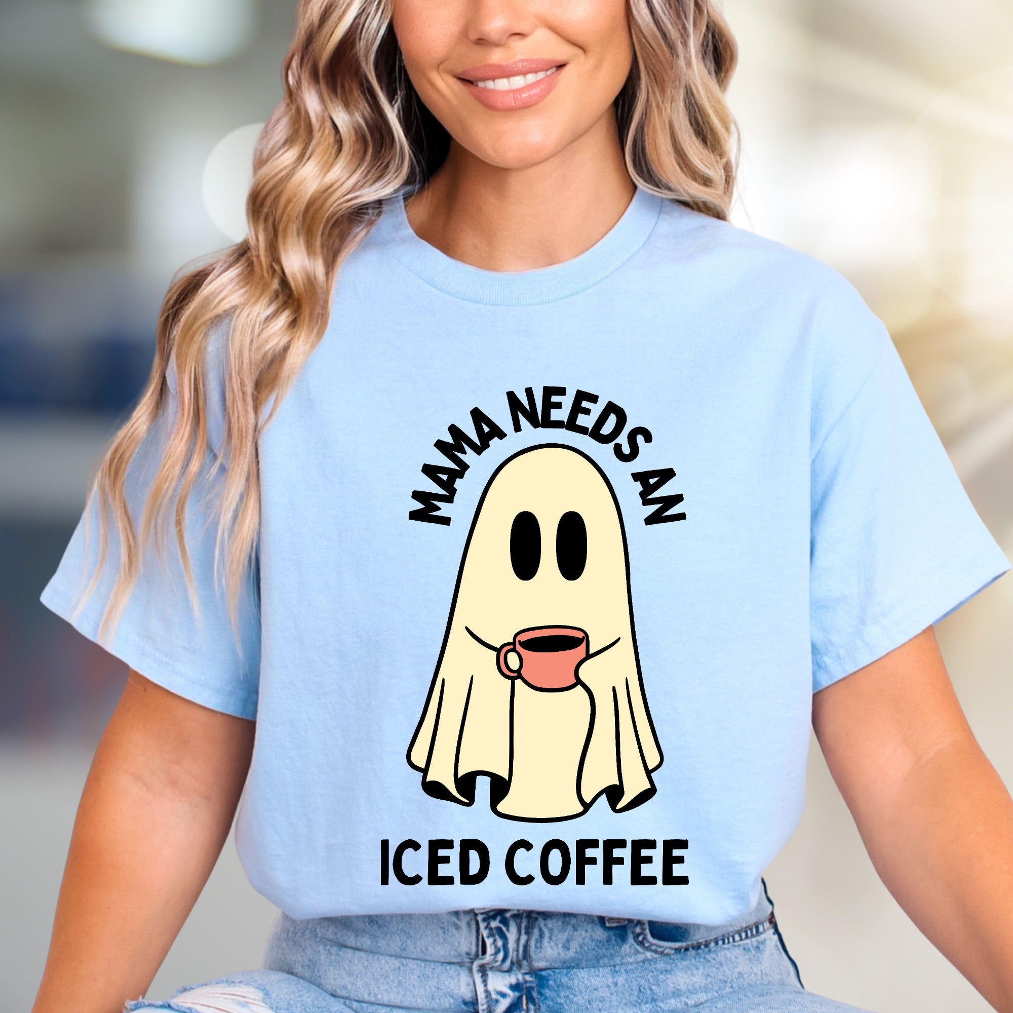 "Mama Needs An Iced Coffee" Spooky Coffee Lover Graphic Tee, a Humorous Mom Pick for Everyday Comfort