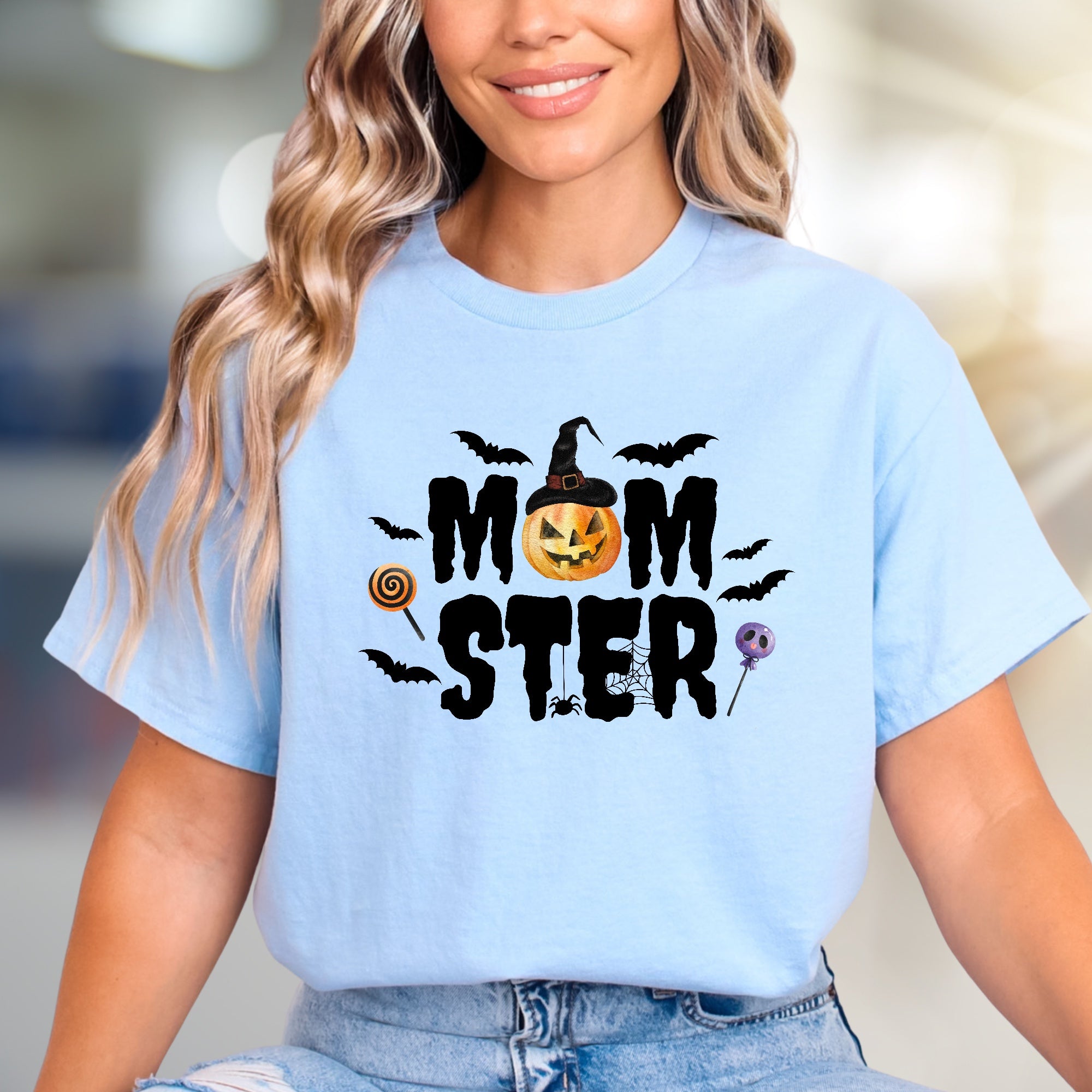 "MOM STER" Halloween Graphic Tee, a Spooky-Cute Pick for Festive Moms