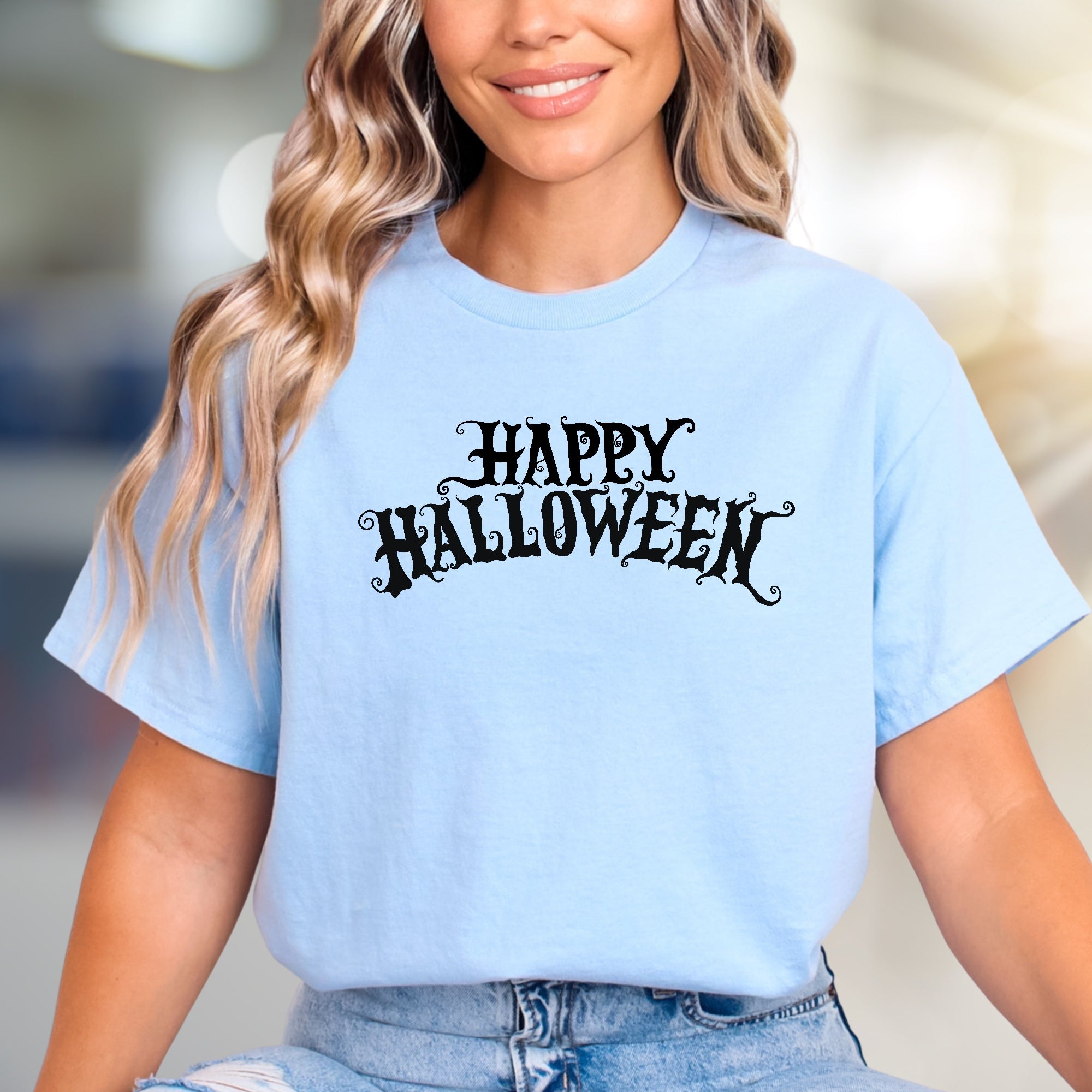"Happy Halloween" Spooky Script Graphic Tee, a Festive Pick for Autumn Lovers