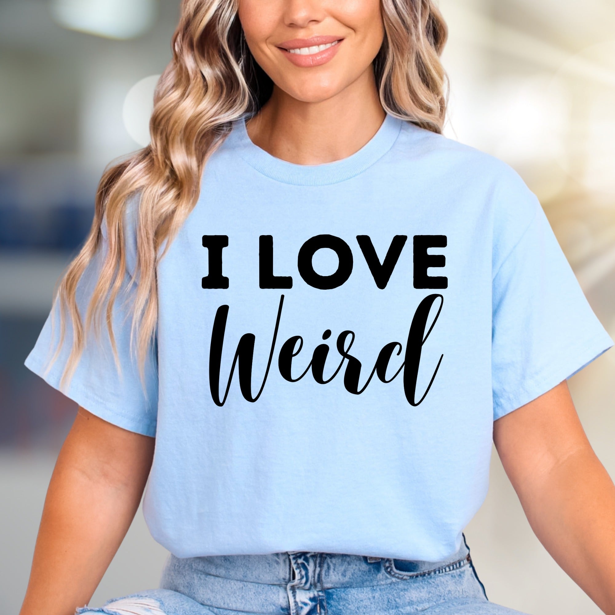 "I Love Weird" Quirky Expression Graphic Tee, a Bold Statement for Individualists