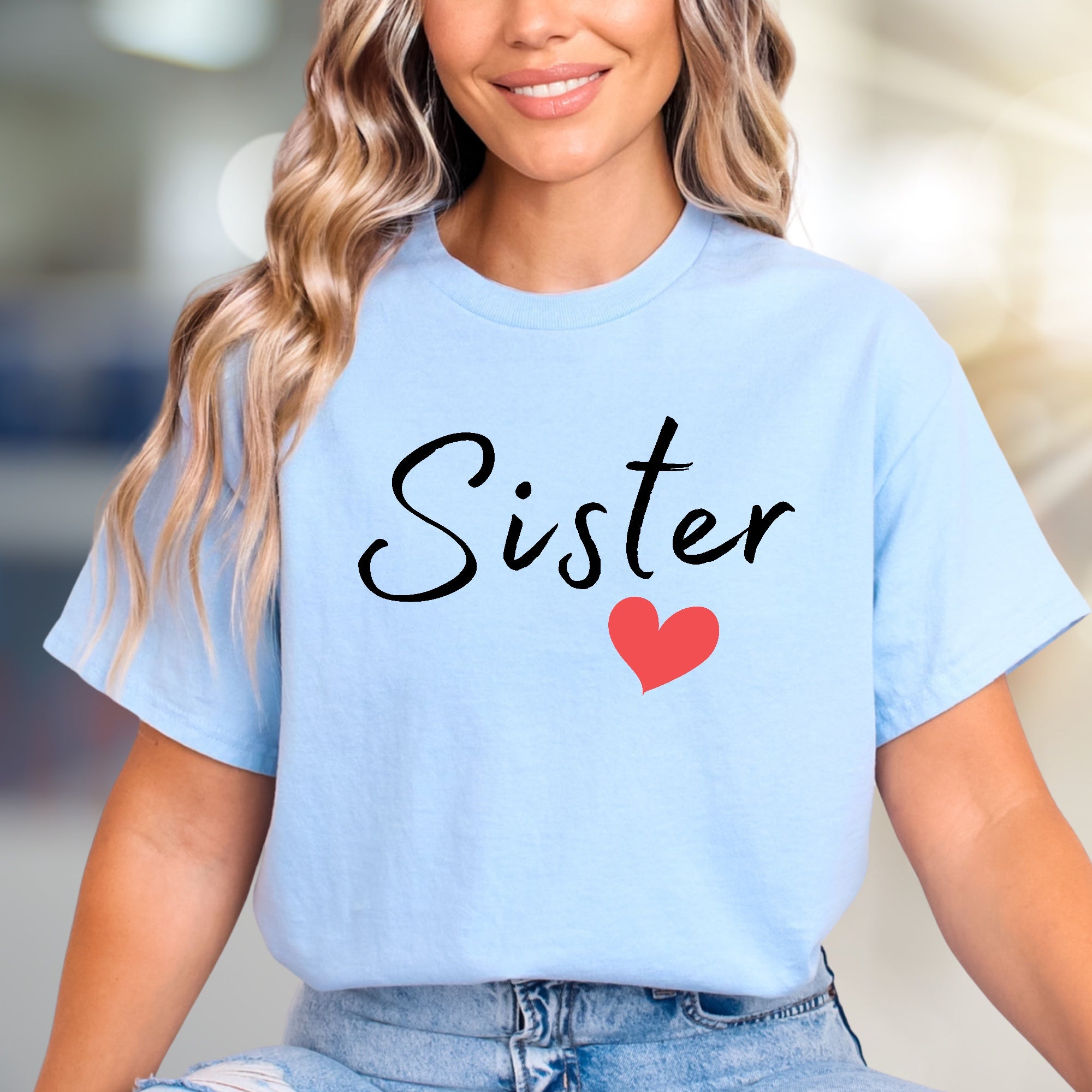 "Sister" Heart Script Graphic Tee, a Loving Pick for Family Bonds