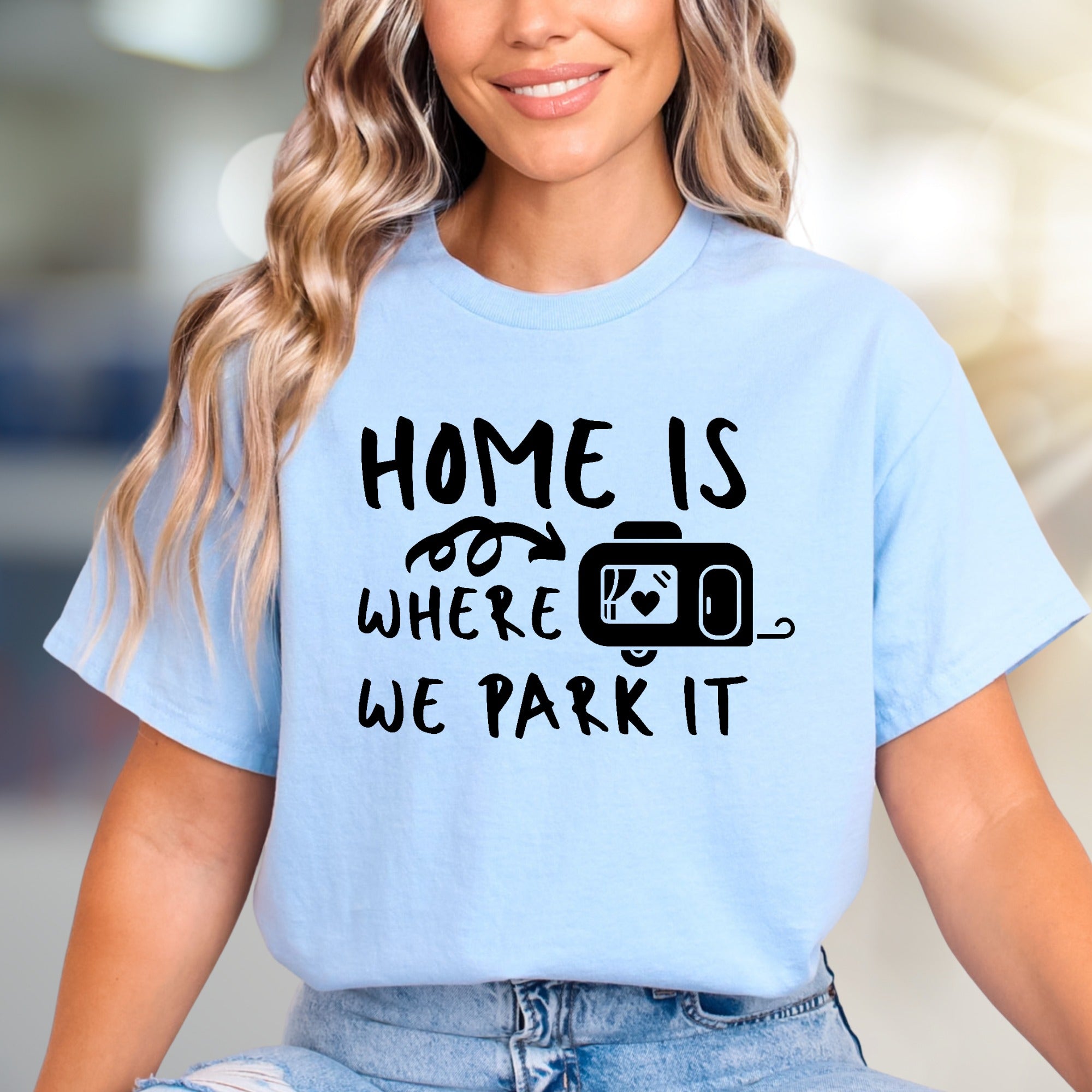 "HOME IS WHERE WE PARK IT" Camper Graphic Tee, A Laid-Back Travel Shirt for RV Lovers