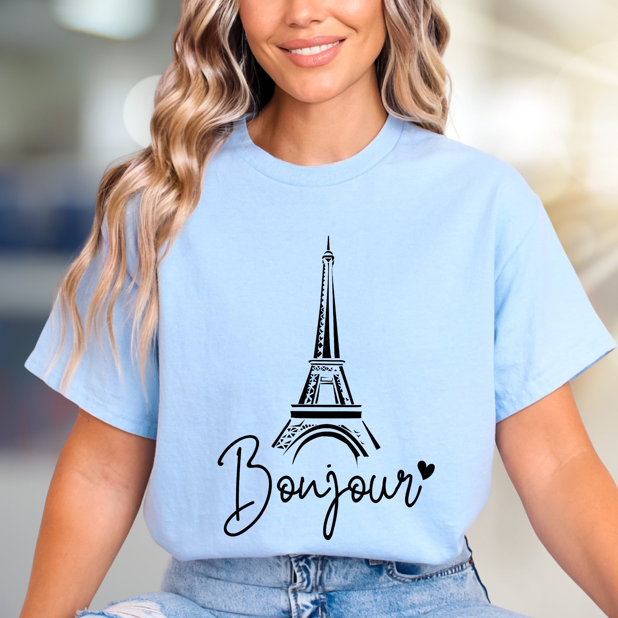"Bonjour" Eiffel Tower Graphic Tee, a Parisian Chic Pick for Travelers