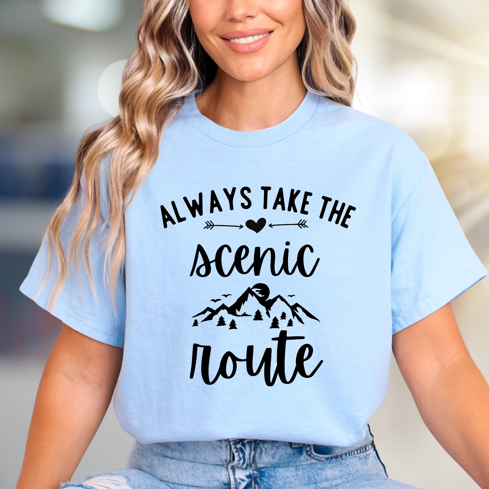 "Always Take the Scenic Route" Mountain Graphic Tee, a Nature Lover's Pick for Adventurers