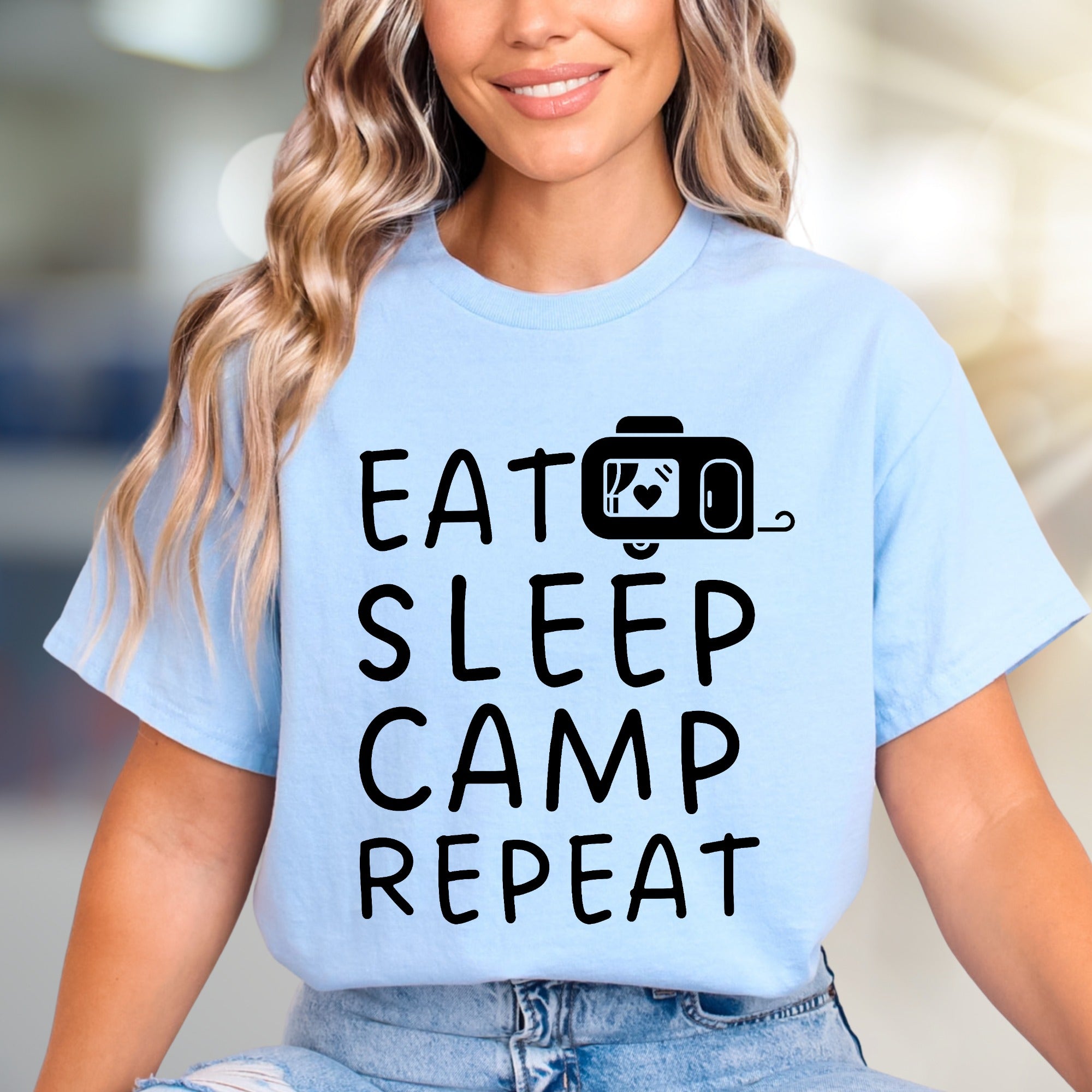 "EAT SLEEP CAMP REPEAT" Camper Graphic Tee, a Outdoorsy Pick for Enthusiasts