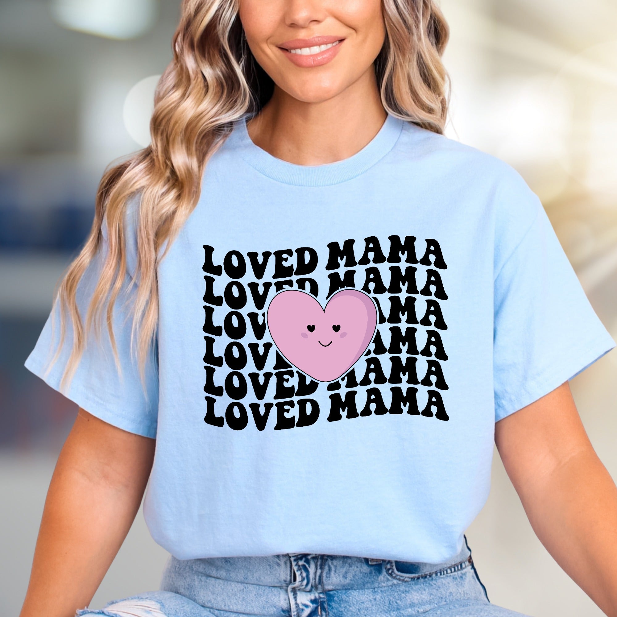 "Loved Mama" Retro Heart Graphic Tee, a Sweet Motherhood Pick for Her