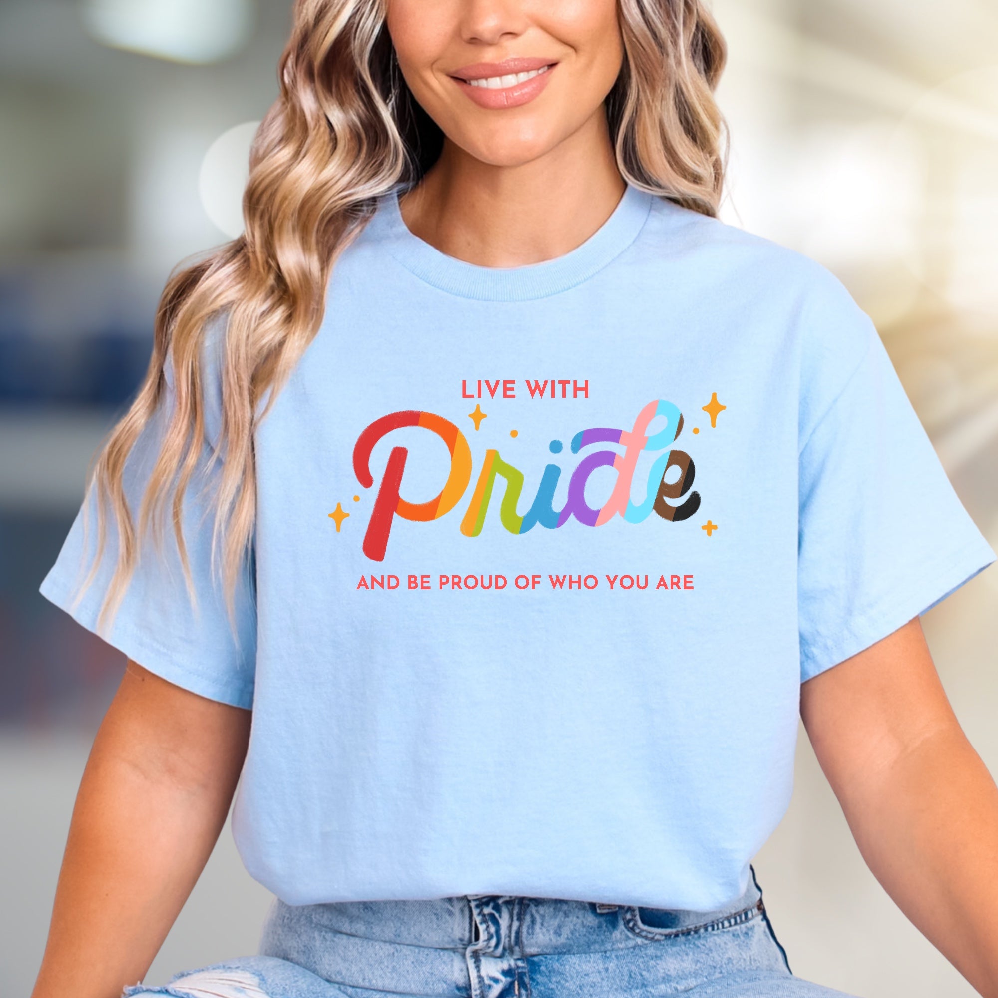 "Live With Pride" Rainbow Sparkle Graphic Tee, a Bold Statement for Everyone